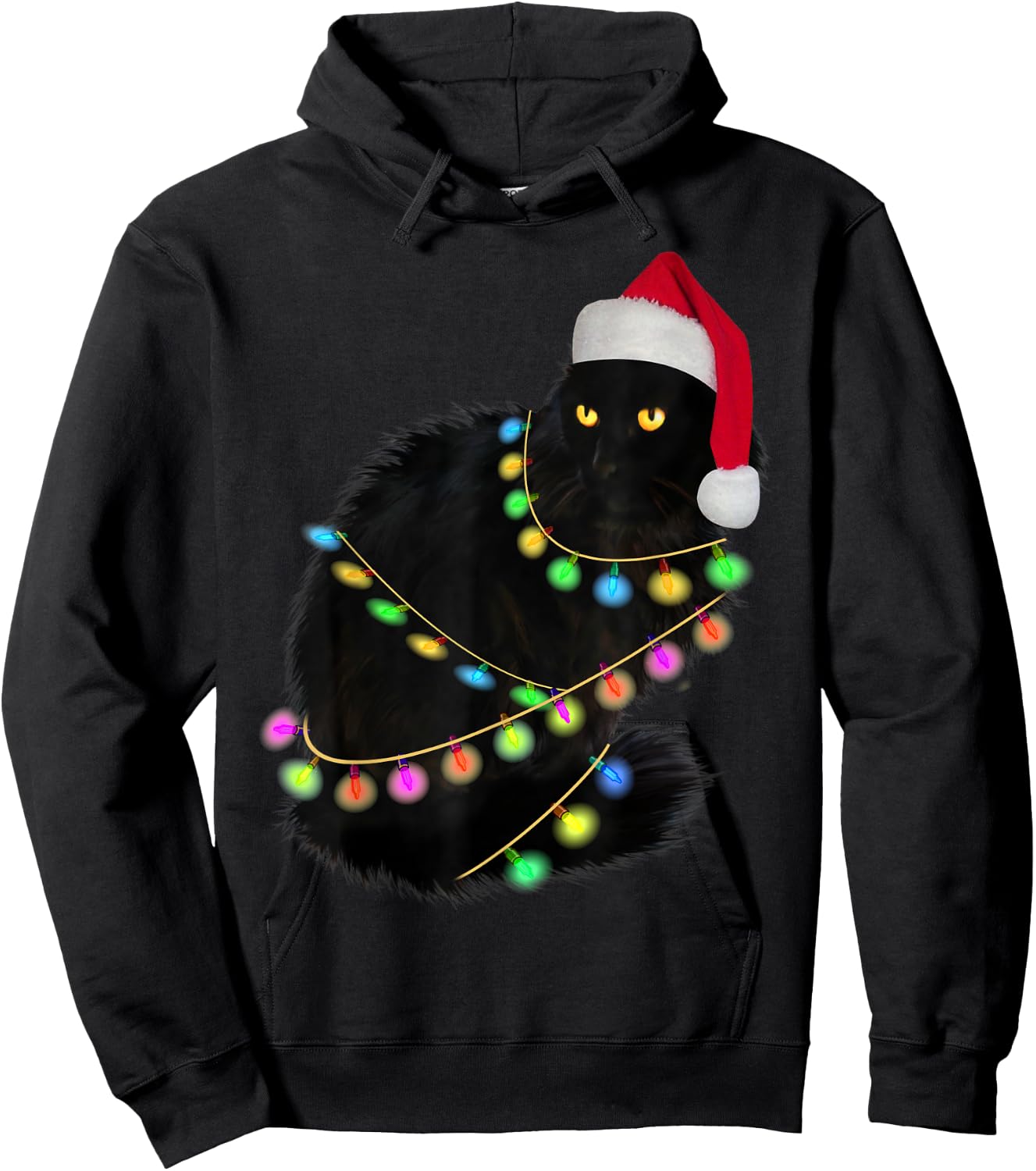 Black Cat Santa Hat Light Tree Funny Ugly Christmas Sweater Hoodie - Hoodie | Black