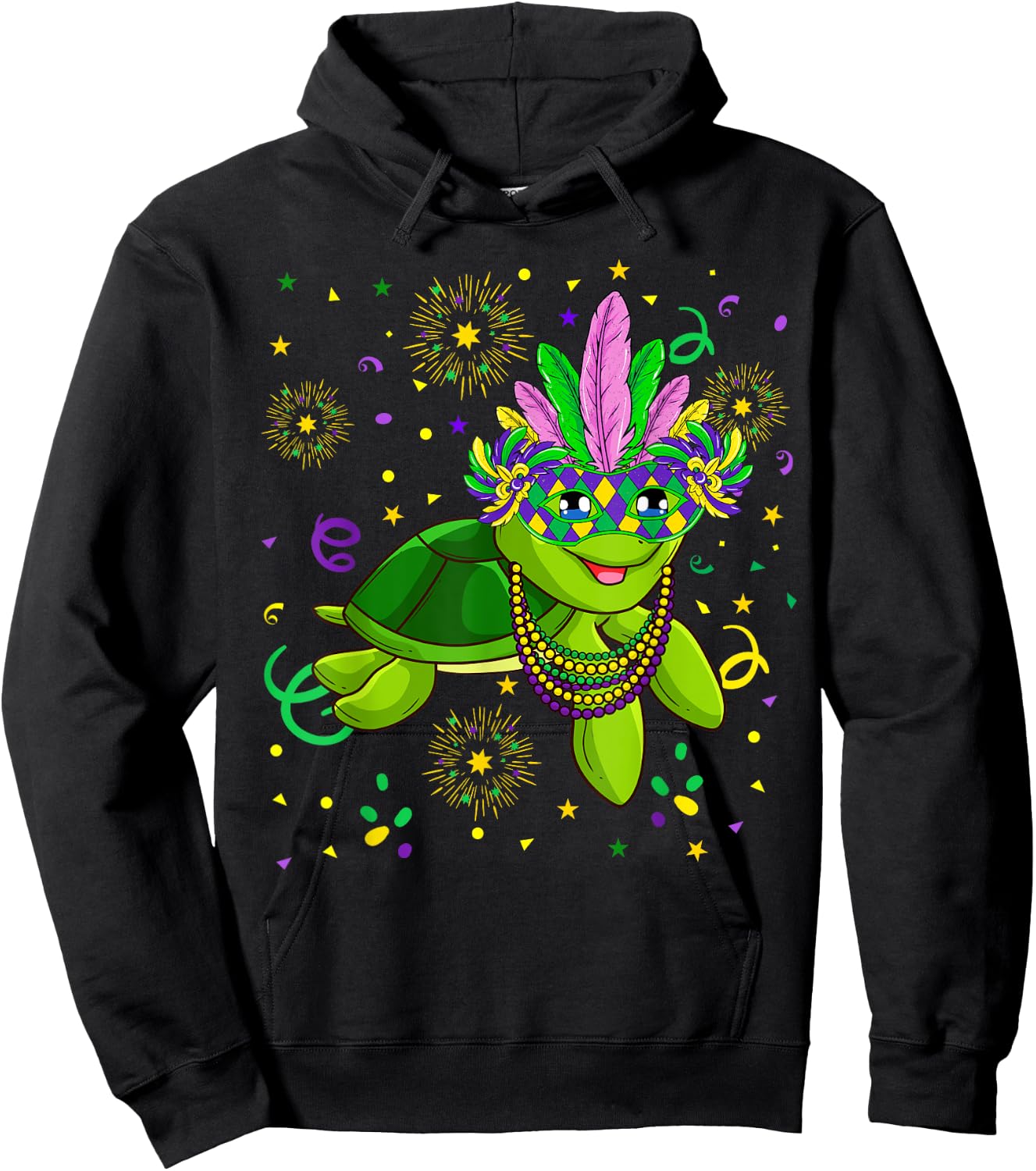 Mardi Gras 2021 Cute Turtle With Feather Mask Parade Fans Hoodie - Hoodie | Black