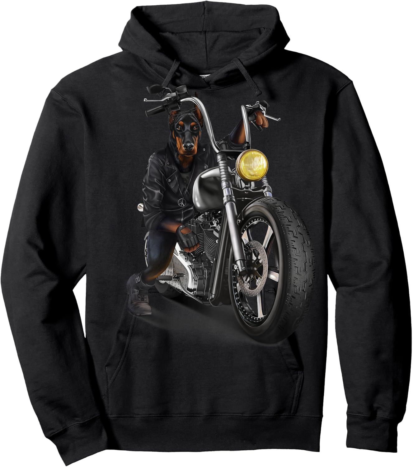 Doberman Dog Biker on a Classic Chopper Motorcycle Hoodie - Hoodie | Black