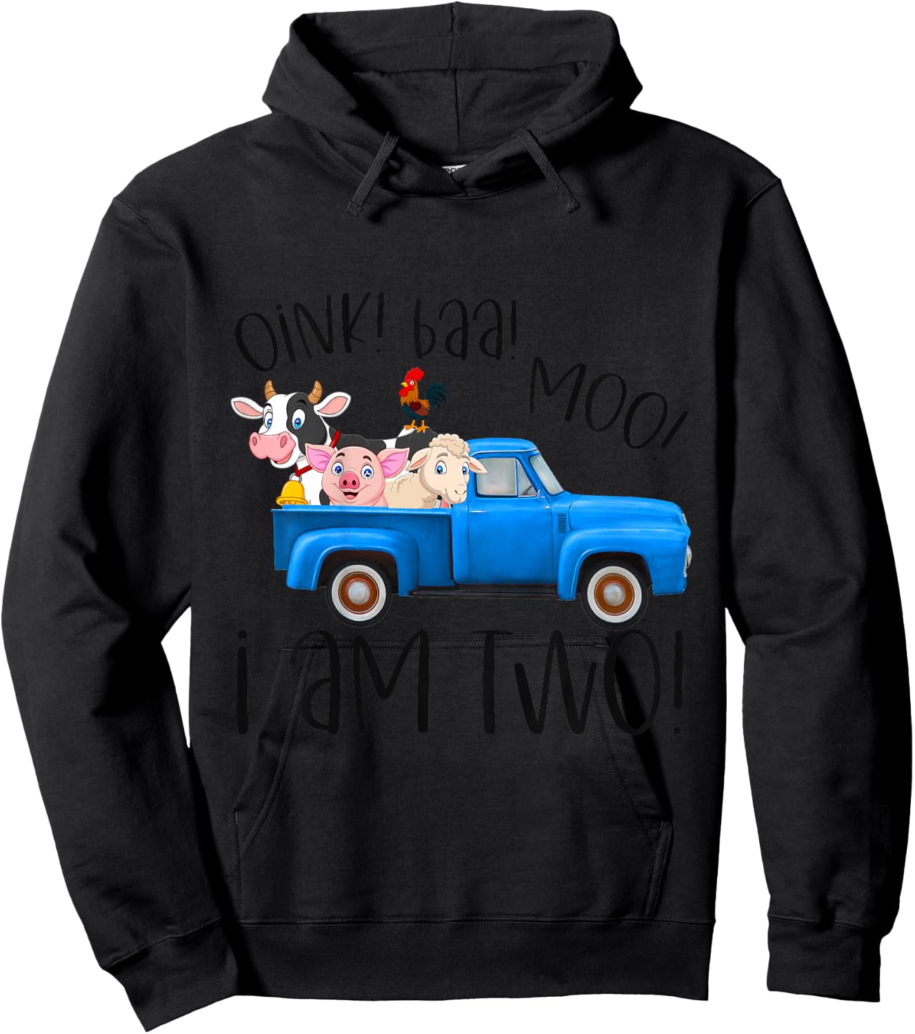 Kids Oink Baa Moo I Am Two Farm Animals Blue Truck Birthday Boy Hoodie - Hoodie | Black