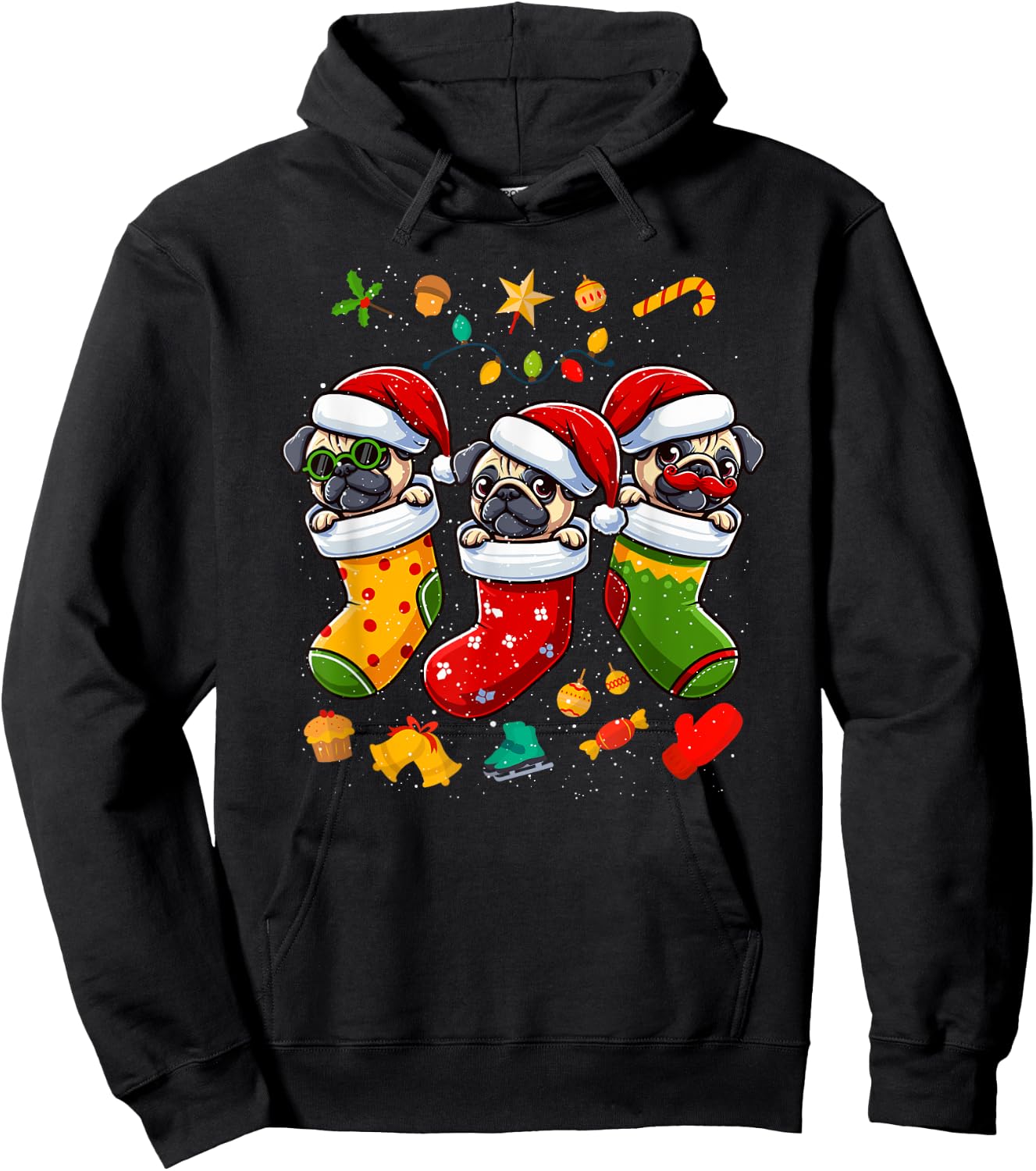Pug Santa Claus Christmas Stocking Dog X-Mas Dogs Hoodie - Hoodie | Black