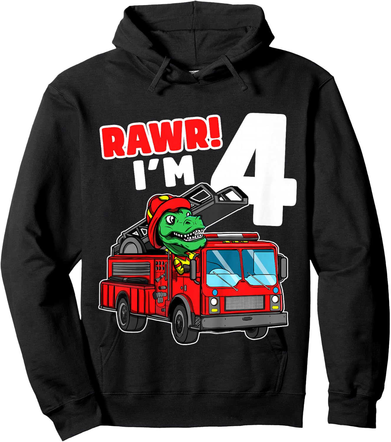 Kids Dinosaur Fire Truck 4th Birthday Boy T-Rex Firefighter 4 Hoodie - Hoodie | Black