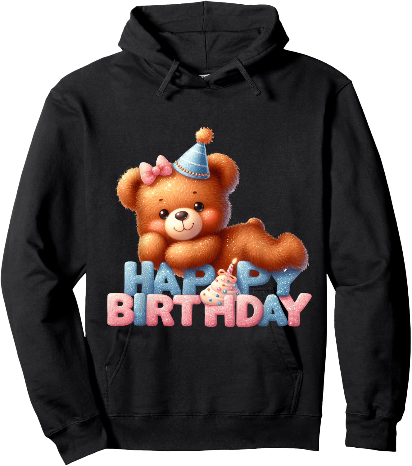 Happy Birthday Brown Teddy Bear Pink Blue Party Hoodie - Hoodie | Black
