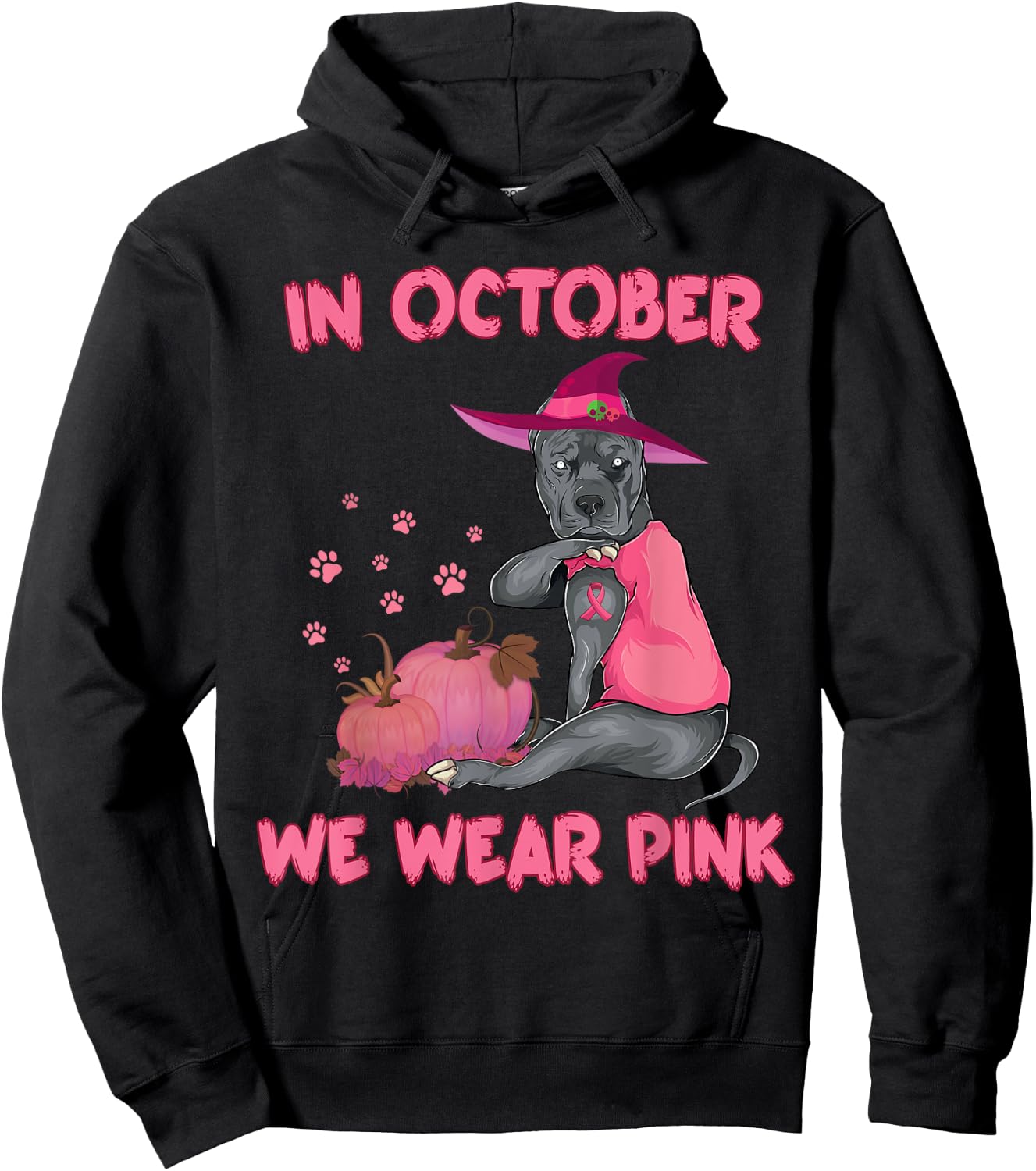 In October We Wear Pink Pitbull Dog Breast Cancer Halloween Men Women Girls Kids Hoodie - Hoodie | Black
