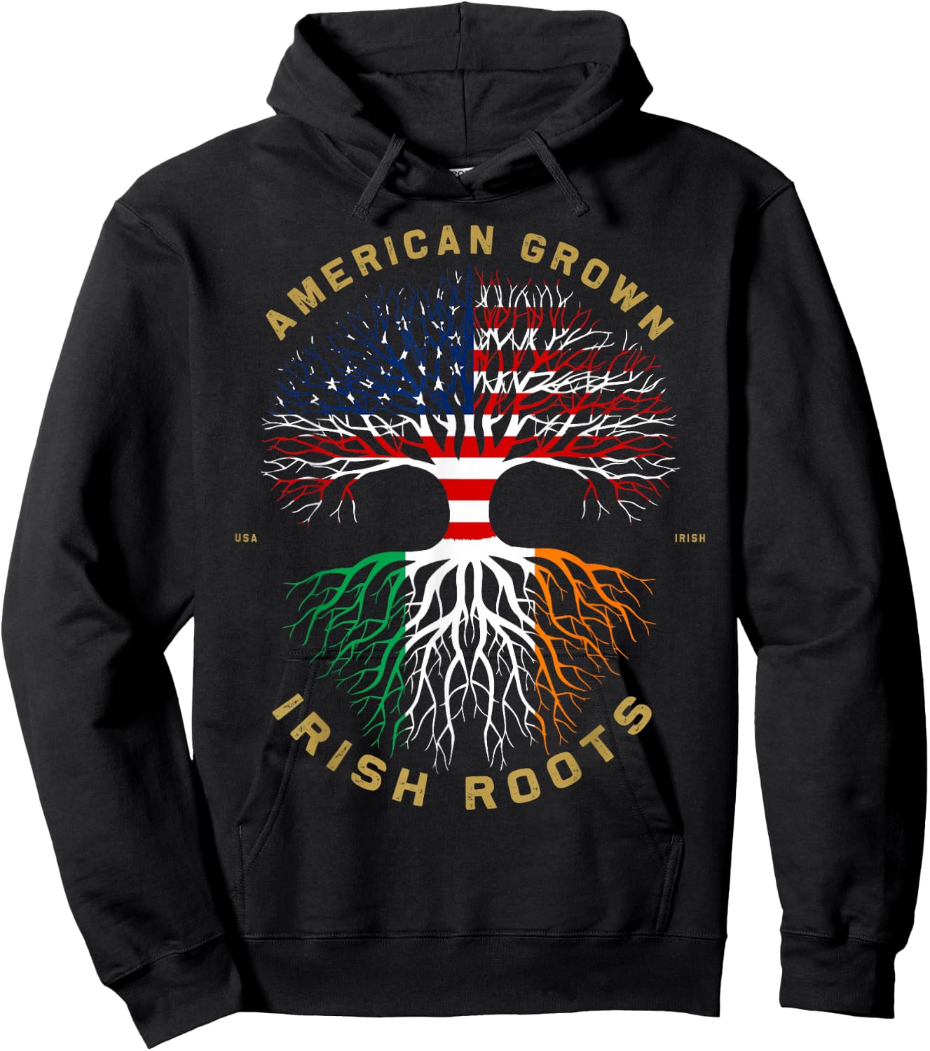 American Grown with Irish Roots Tree USA Flag Unique Hoodie - Hoodie | Black