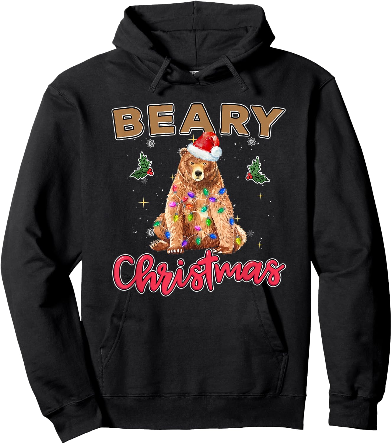 Beary Merry Christmas For Bear Lovers Funny Xmas Lights Hoodie - Hoodie | Black