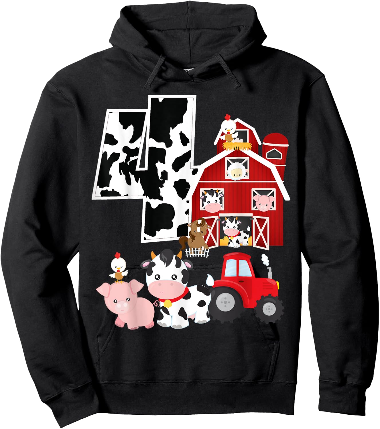 Farm Barnyard Theme Pig Cow Horse 4th Birthday 4 Yrs Old Hoodie - Hoodie | Black