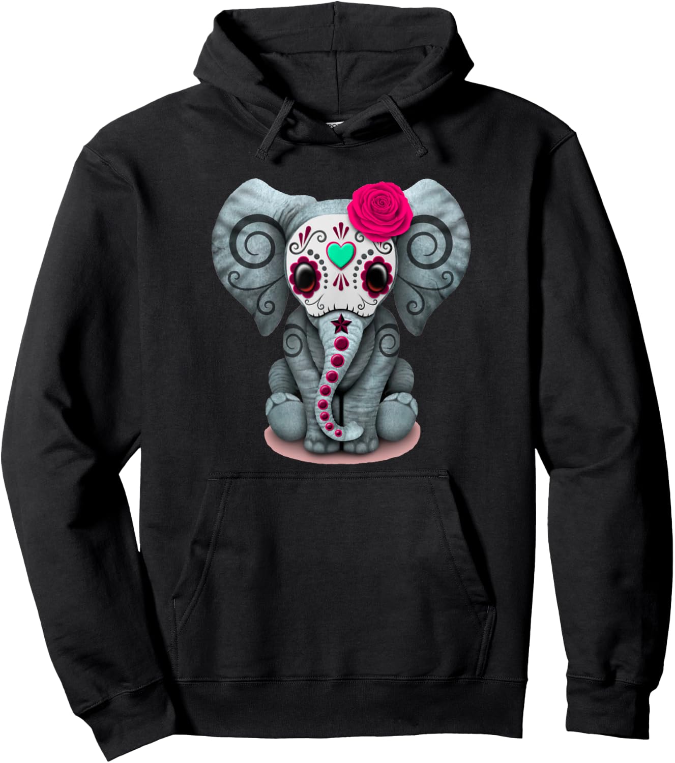 Sugar Skull Red Rose Elephant Day Of The Dead Halloween Hoodie - Hoodie | Black