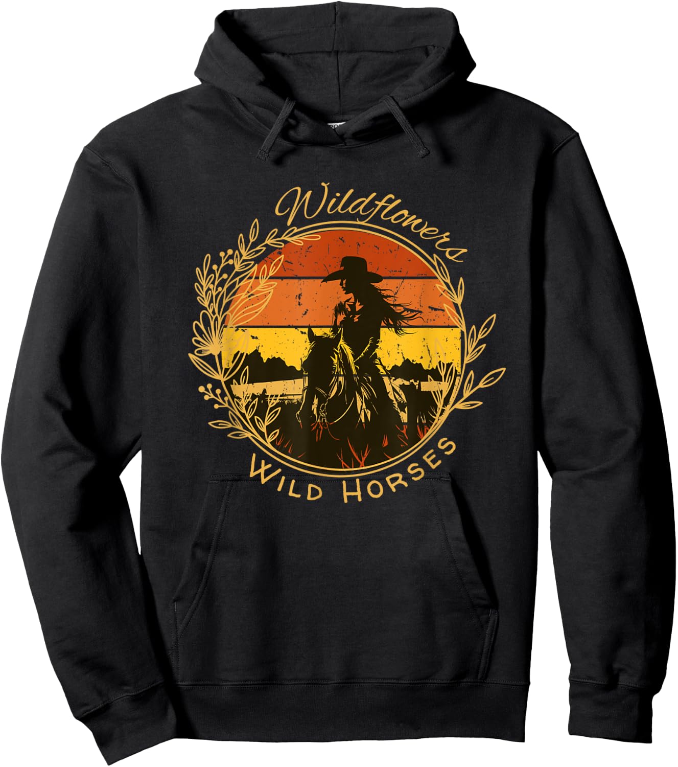 Wild Flowers and Wild Horses Vintage Sunset Country Cowgirl Hoodie - Hoodie | Black