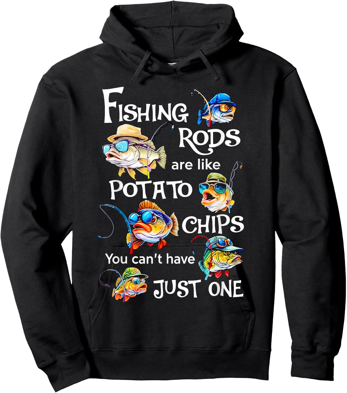 Funny Fishing Fisherman Hunting Fishing Rods Are Like Potato Chips You Can't Have Just One -Adults Black Short Sleeve Modern Cartoon Hoodie - Hoodie | Black