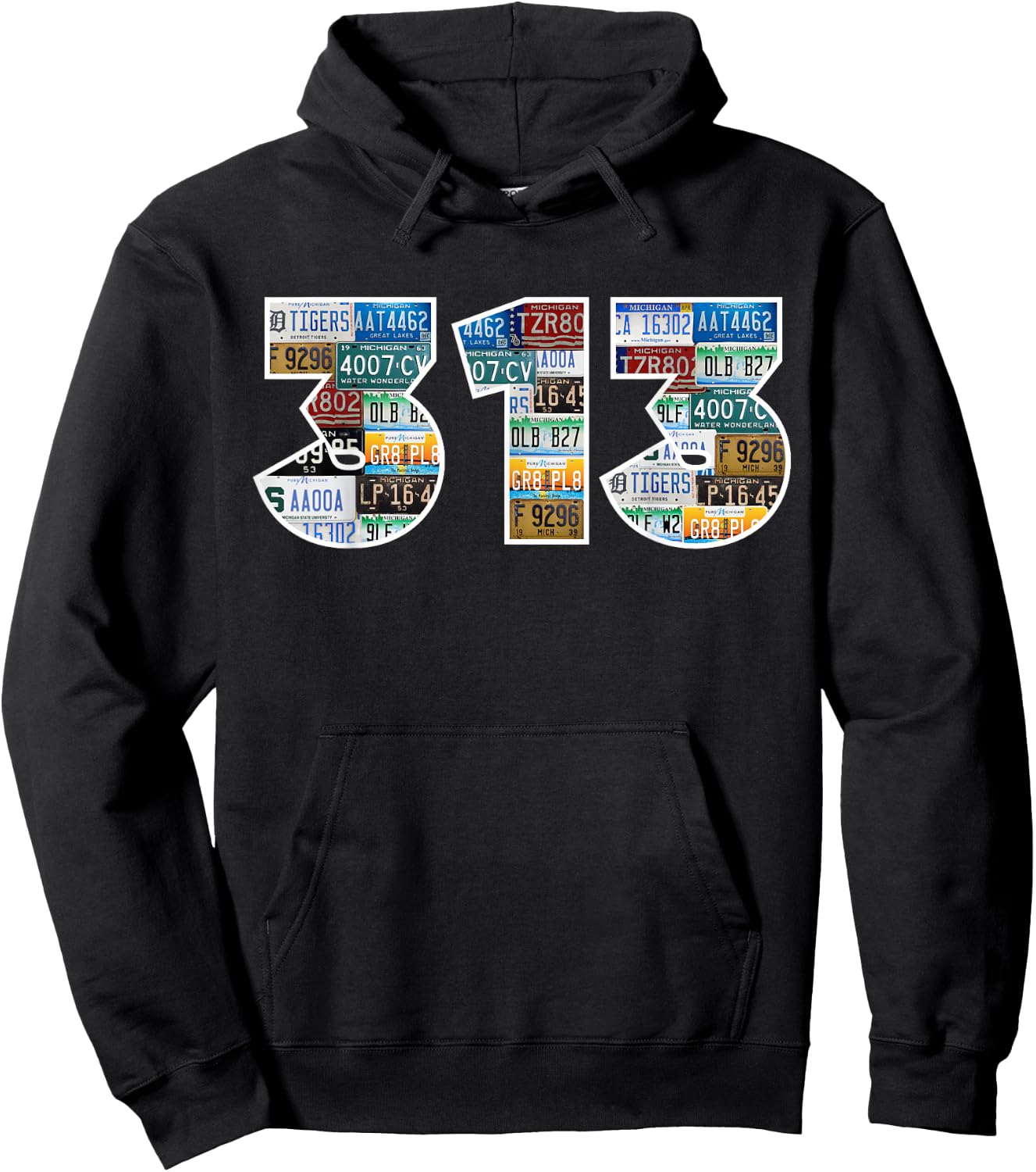 Detroit 313 License Plates Motor City Downtown Michigan Hoodie - Hoodie | Black