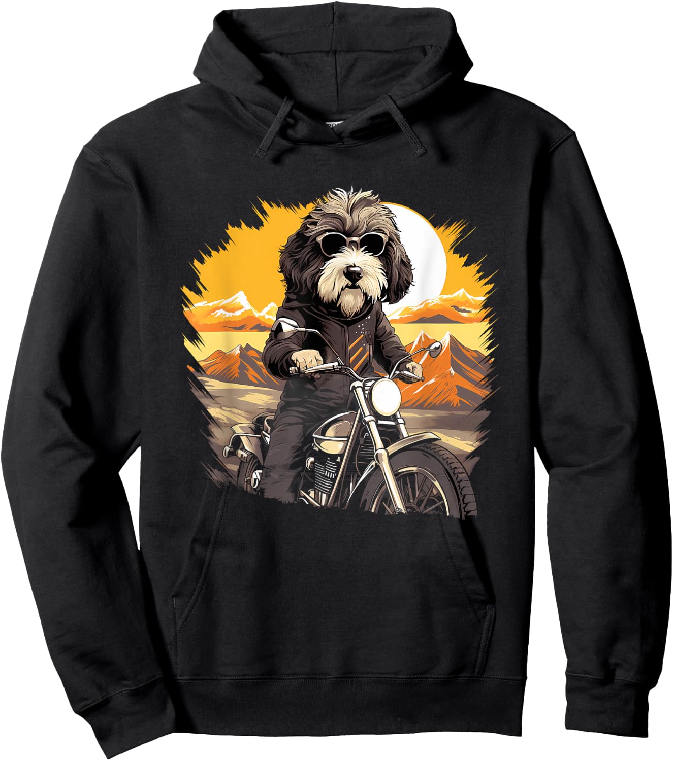 Biker Sheepadoodle Dog Riding Motorcycle Hoodie - Hoodie | Black