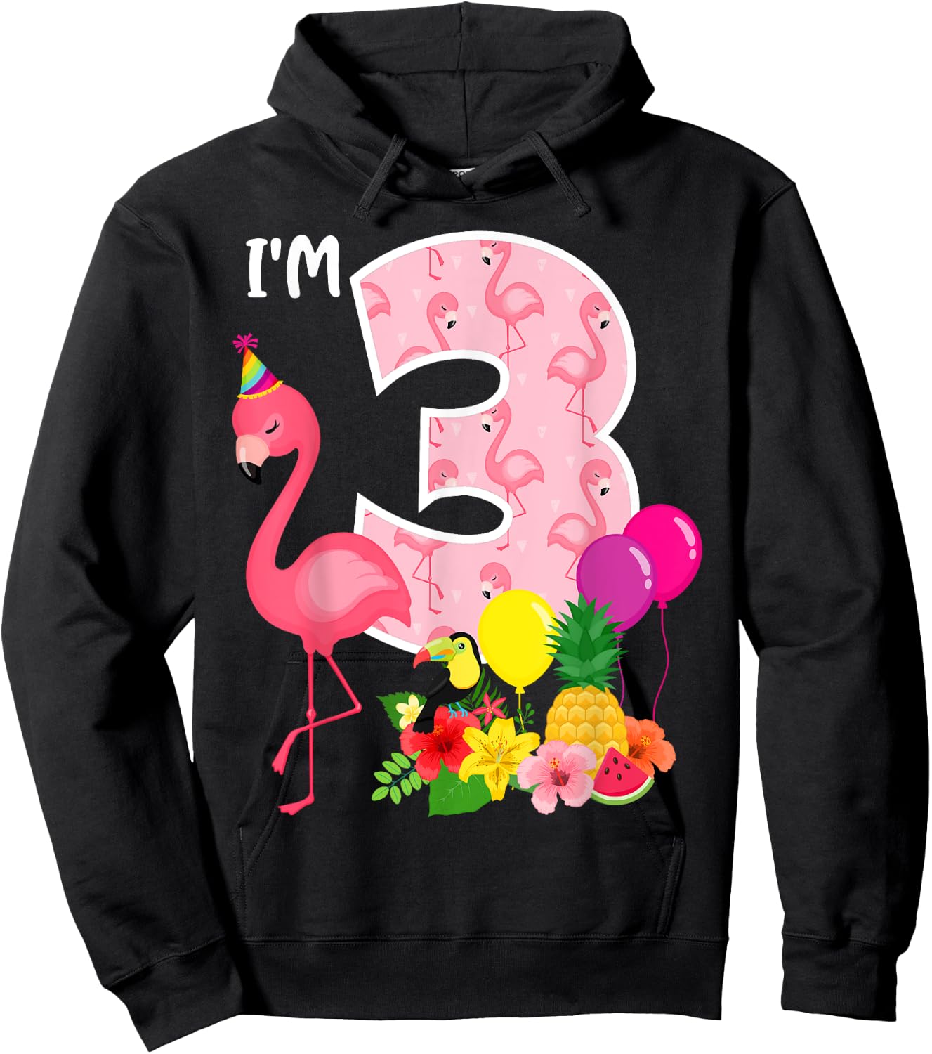 Flamingo Birthday I'm 3 Tropical Flamingo Theme 3rd Birthday Hoodie - Hoodie | Black