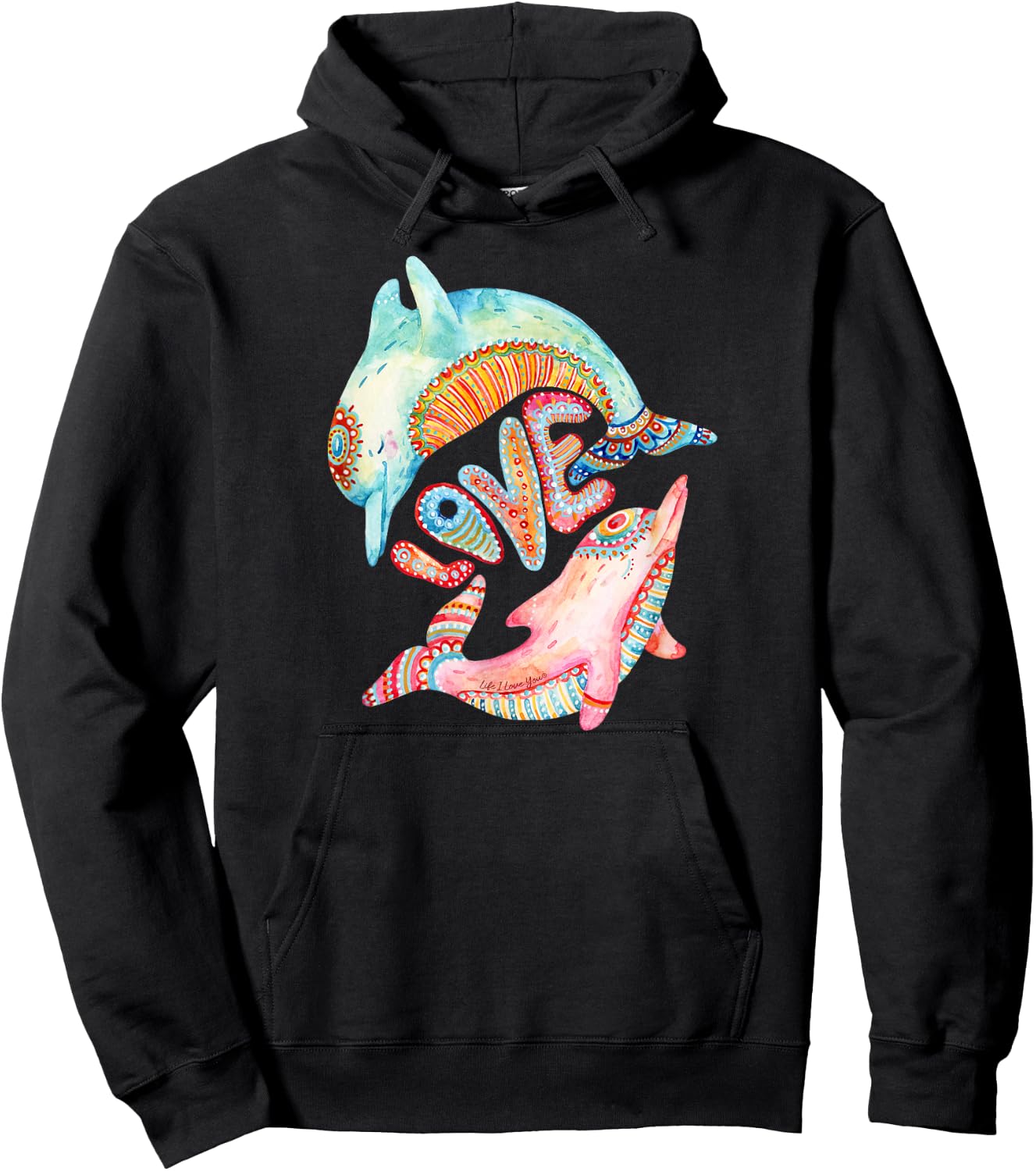 Beautiful retro hippie style "love" dolphin - Dolphin Love Hoodie - Hoodie | Black
