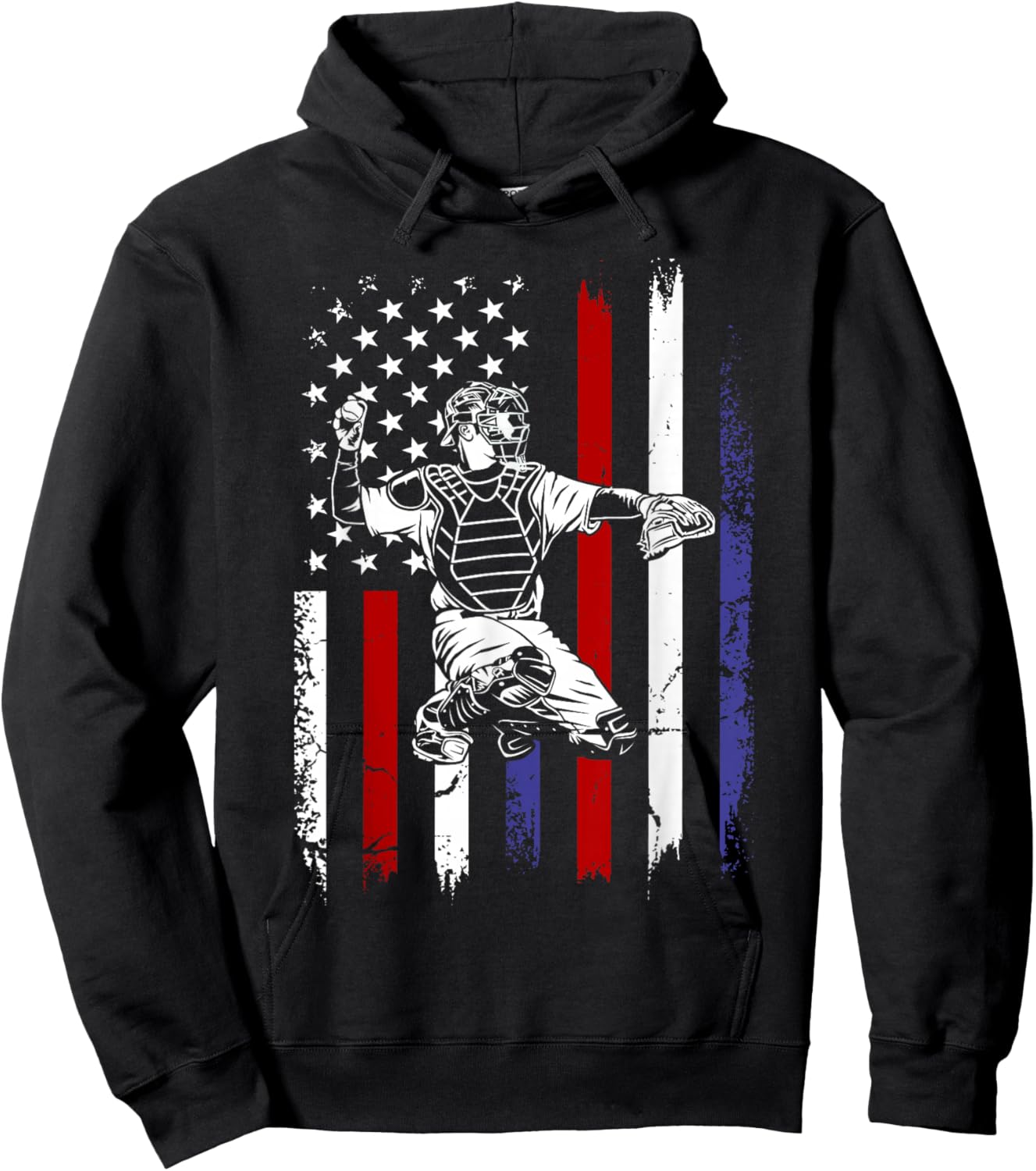 Baseball American Flag Patriotic Catcher 4th of July Hoodie - Hoodie | Black