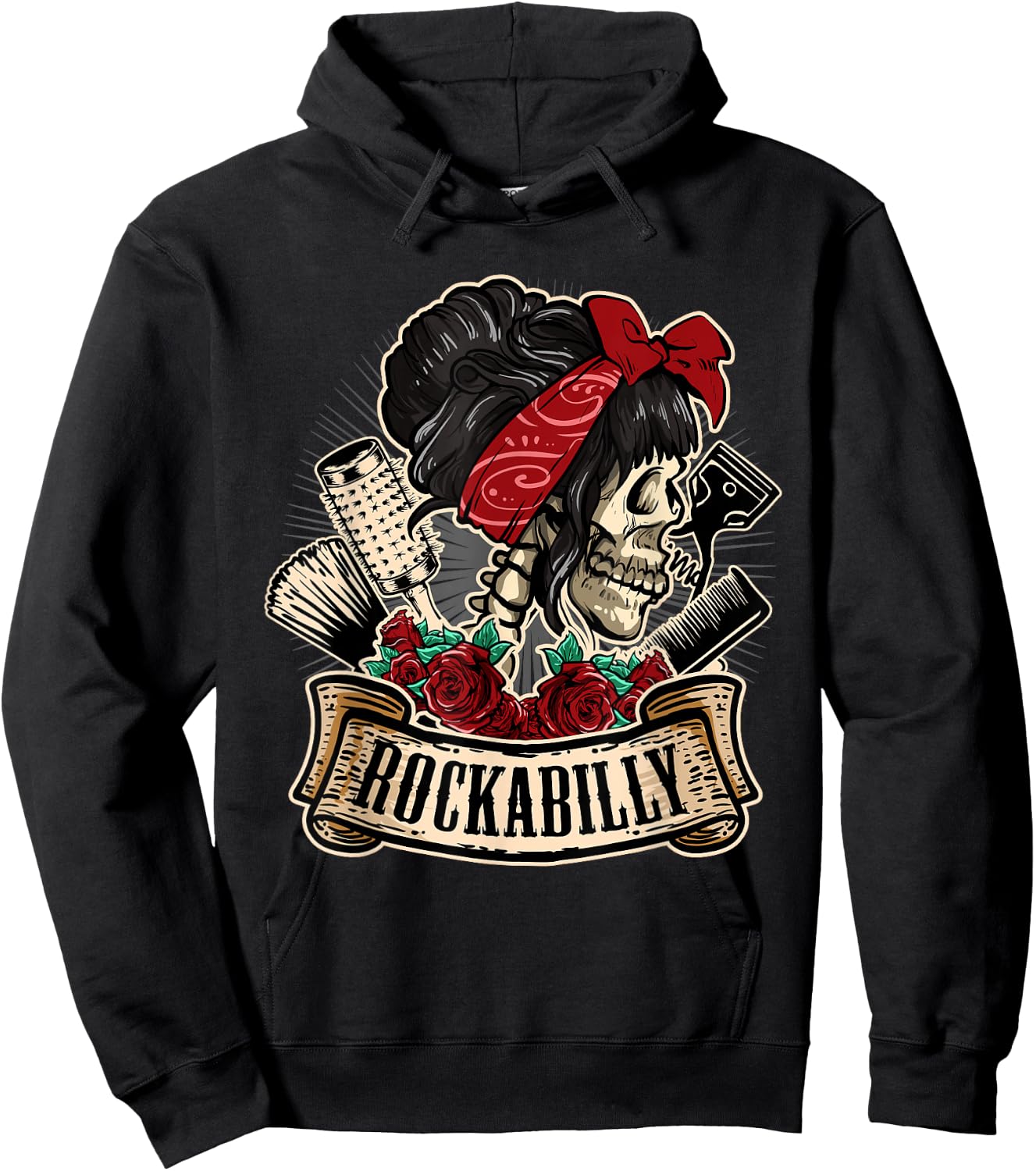 Rockabilly Girl Skull Pin-Up Hairstylist Hairdresser Hoodie - Hoodie | Black