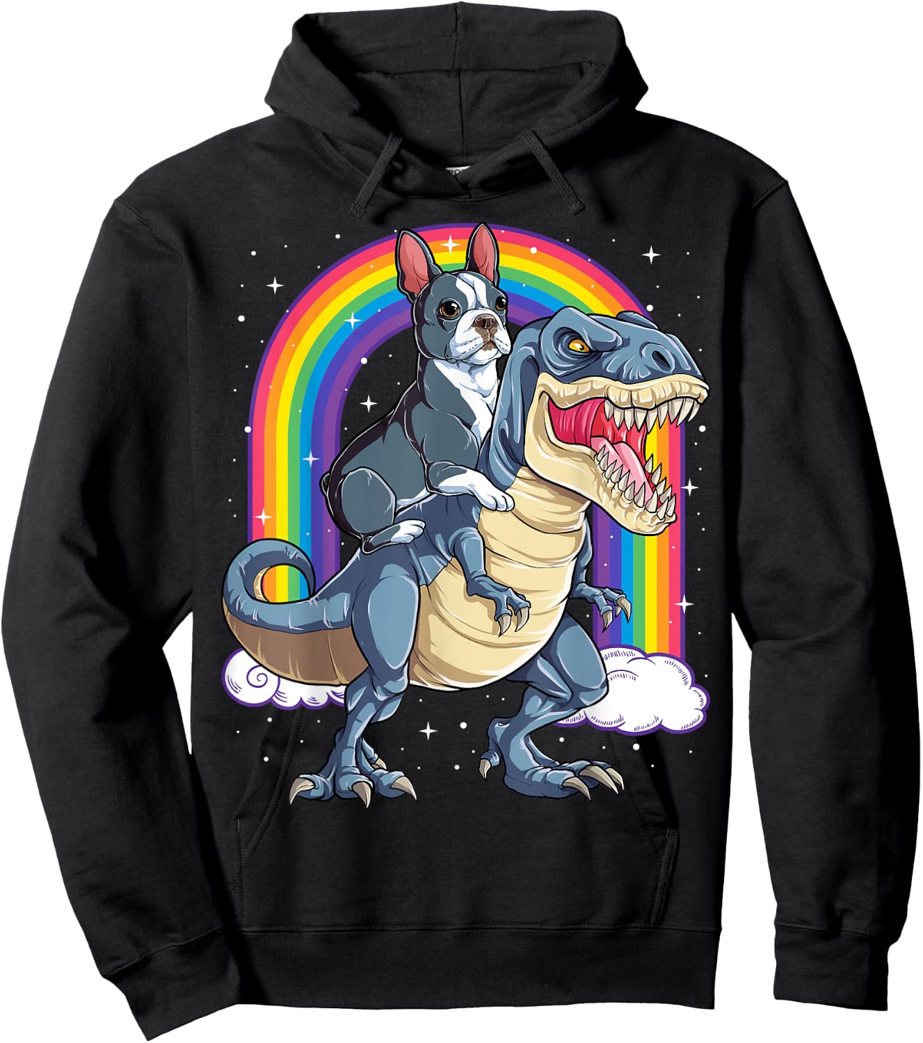 Boston Terrier Riding Dinosaur T-rex Gifts Boys Kids Rainbow Hoodie - Hoodie | Black