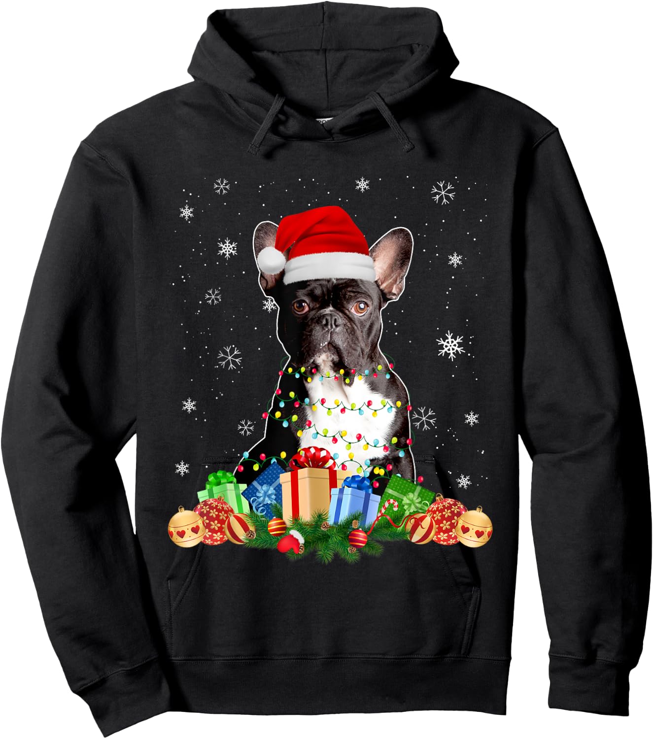 French Bulldog Dog Christmas Lights Santa Puppy Dog Lover Men Women Kids Hoodie - Hoodie | Black