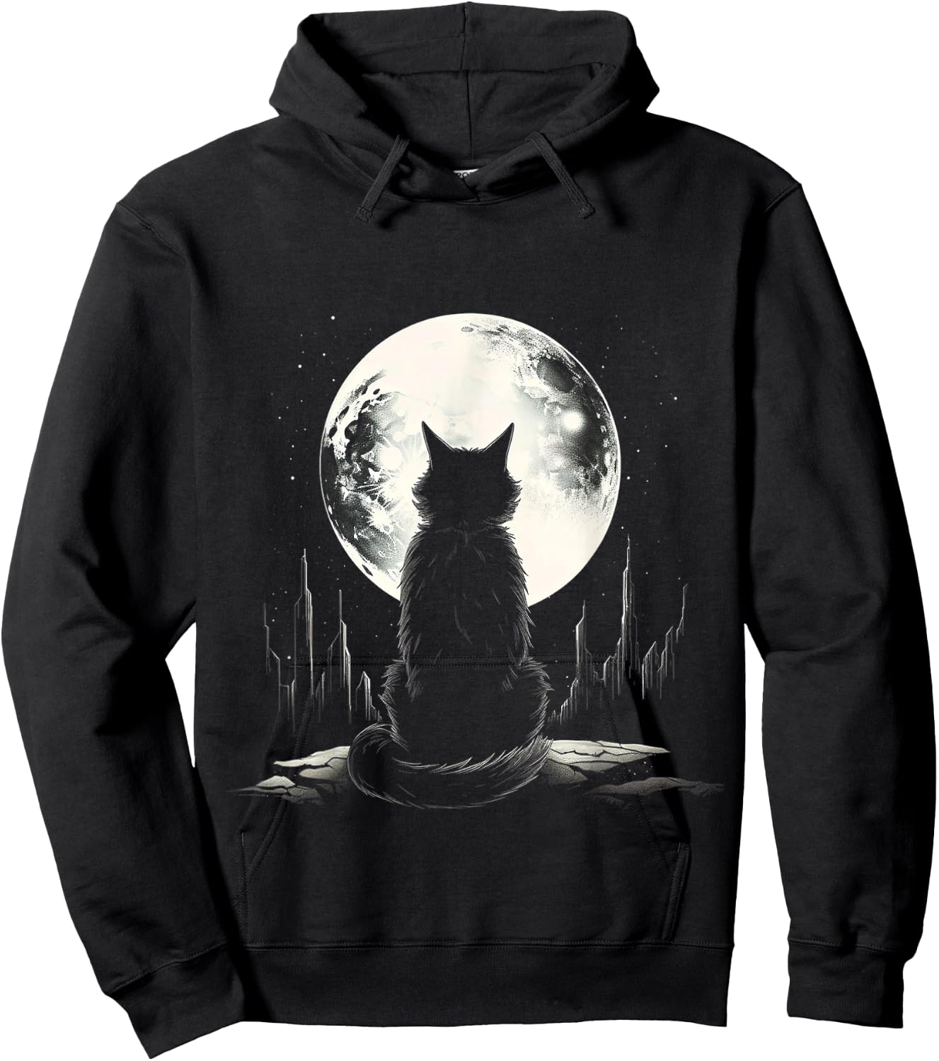 Cat Nature Moon Animal Illustration Art Graphic Motif Cat Hoodie - Hoodie | Black