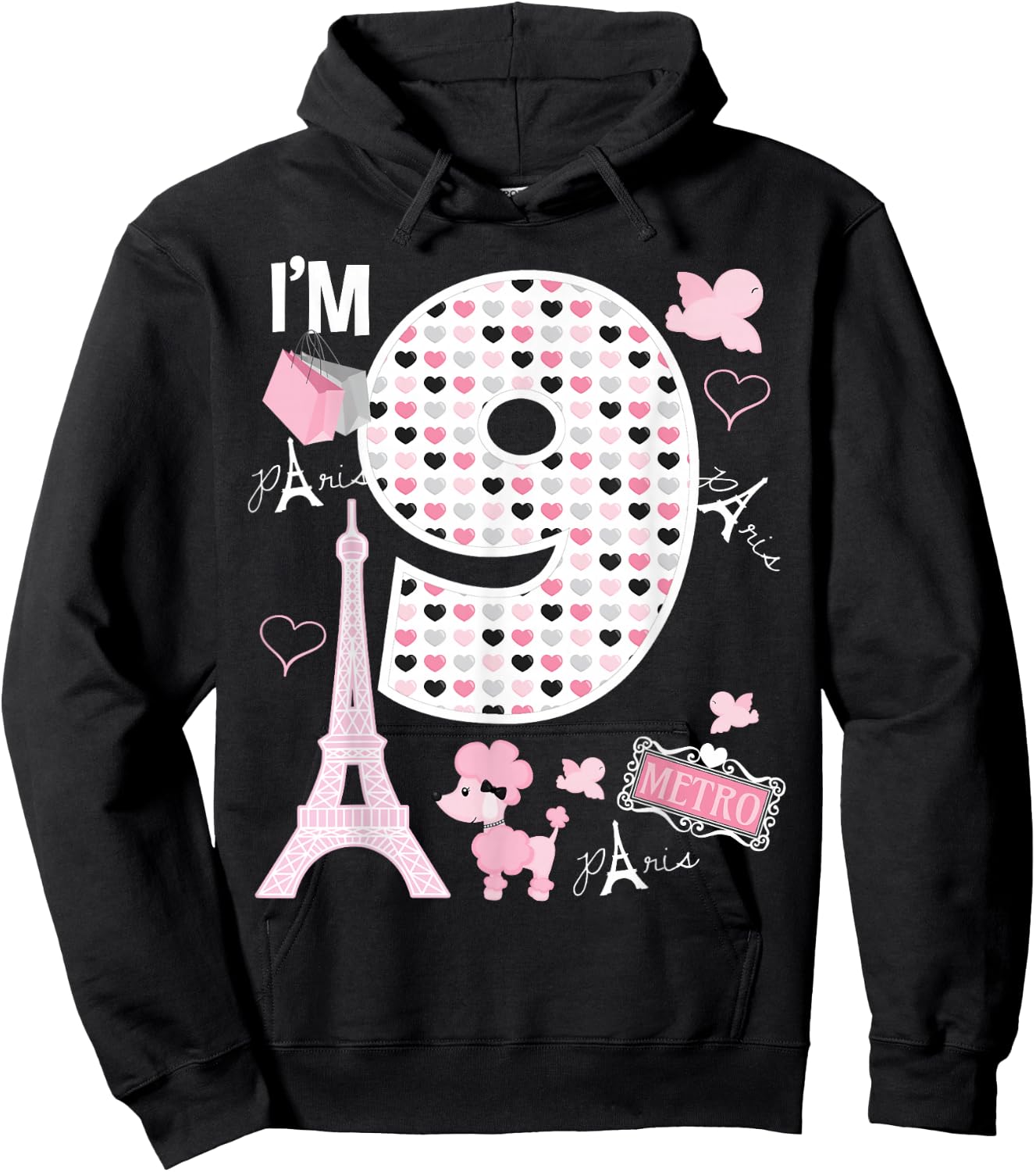 Paris 9th Birthday Girl Paris 9 Year Old Matching Family Hoodie - Hoodie | Black