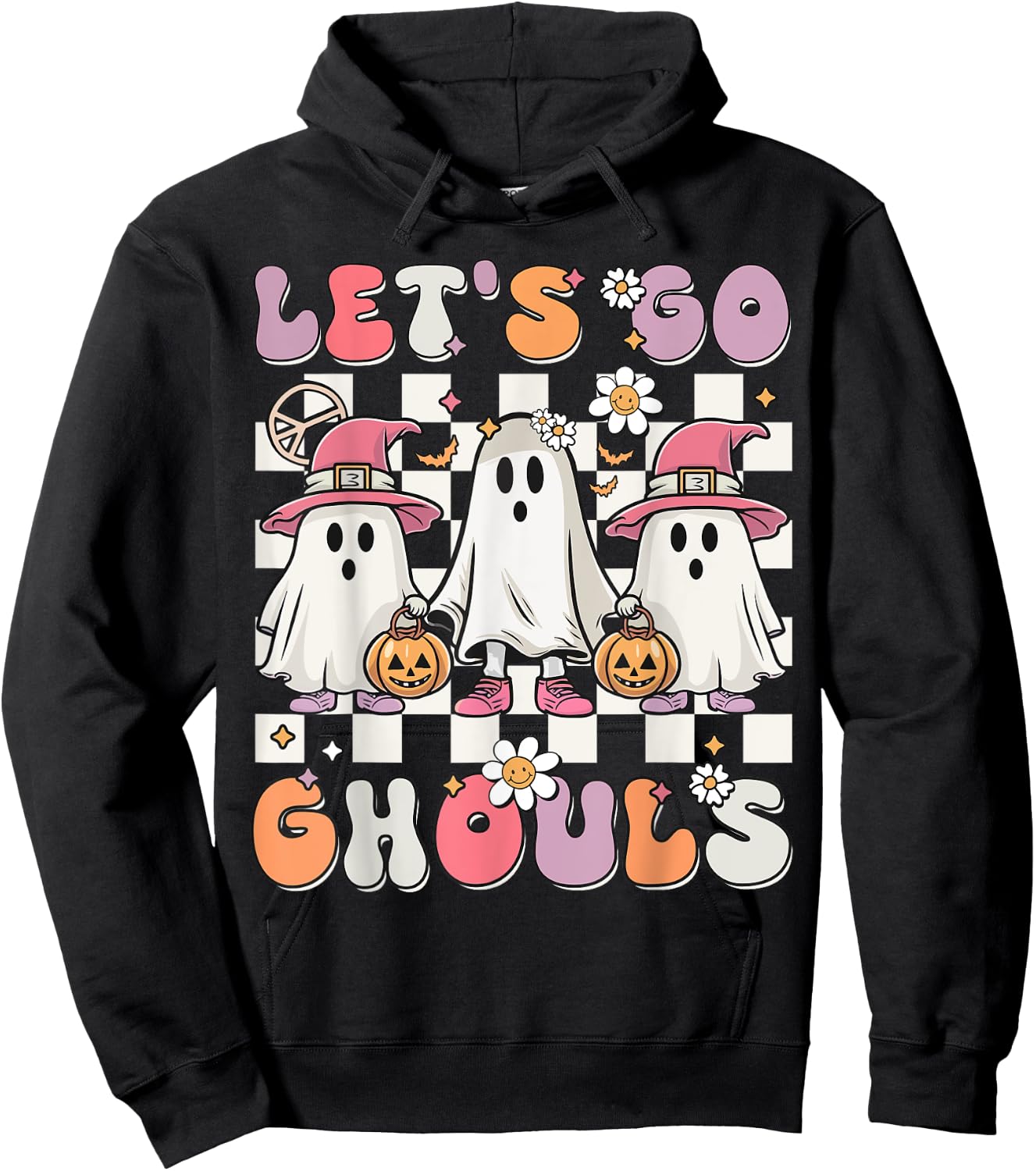 Women Girls Let's Go Ghouls Halloween Retro Ghost Costume Hoodie - Hoodie | Black