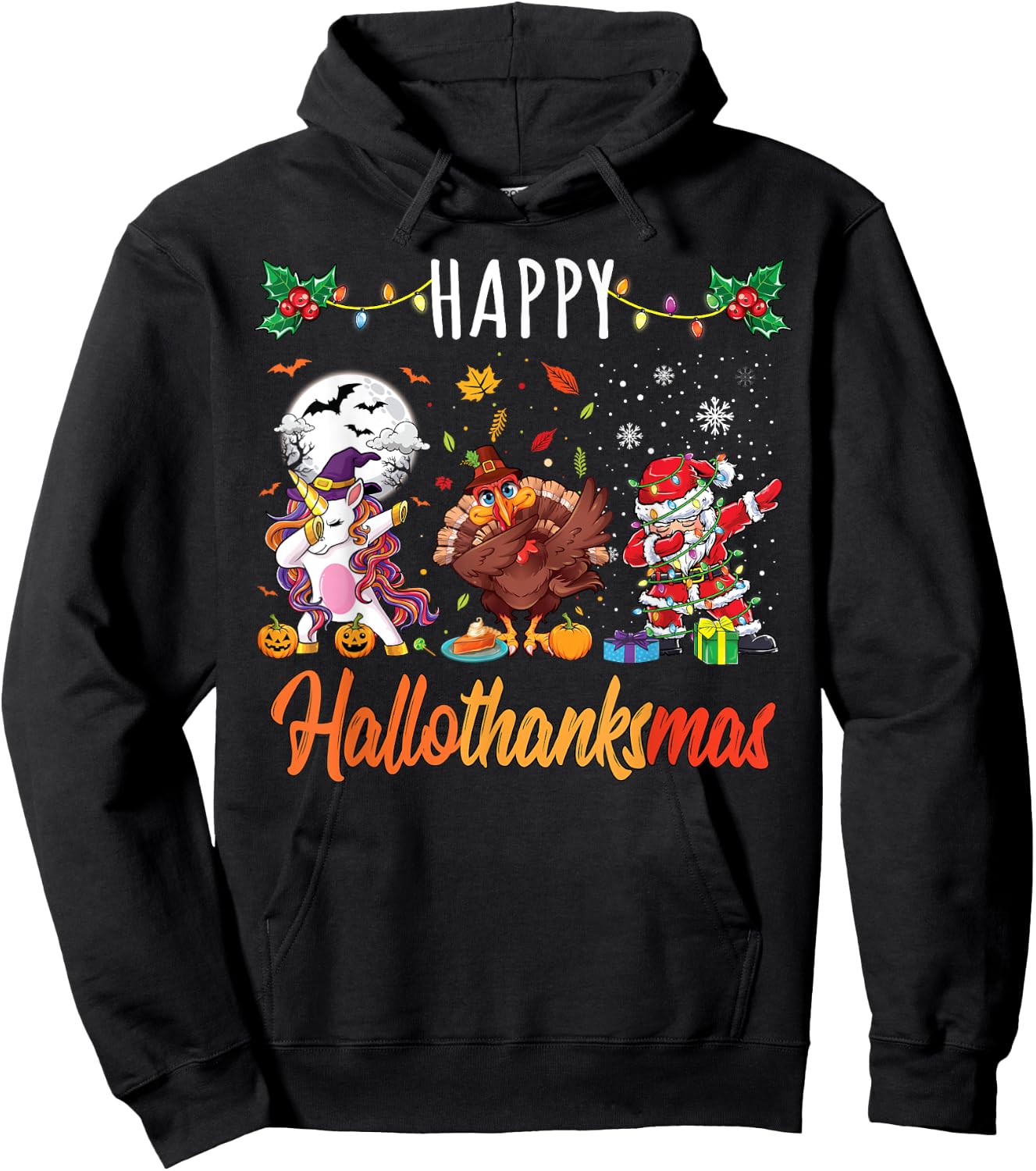 Happy Hallothanksmas Shirt Thanksgiving Halloween Christmas Hoodie - Hoodie | Black