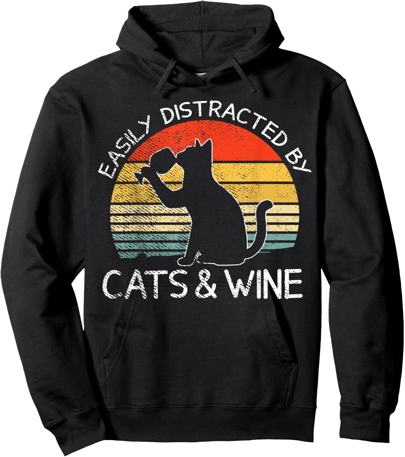 Easily Distracted By Cats And Wine Funny Cat Drinking Lovers Men Women Hoodie - Hoodie | Black