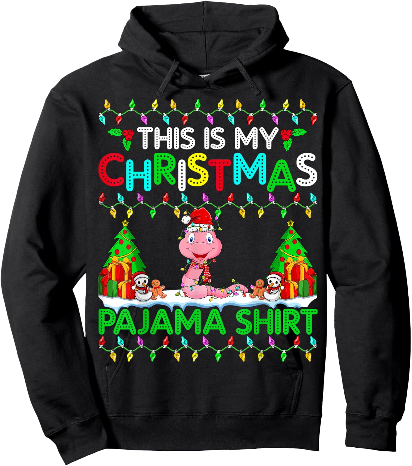 Worm Christmas Xmas Santa Hat Pajama Shirt - Worm Lover Hoodie - Hoodie | Black