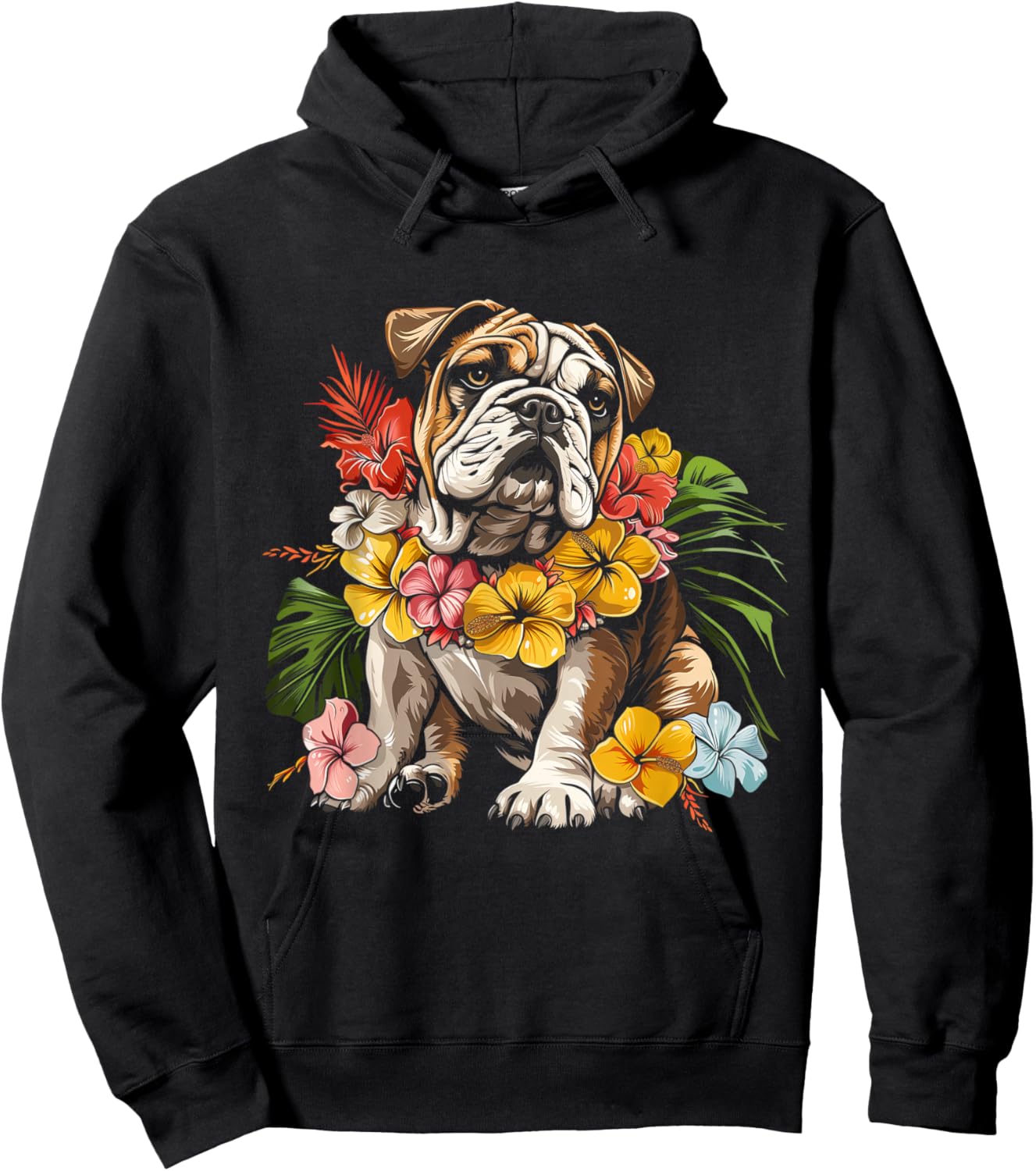 Bulldog Hawaiian Flowers Hibiscus Hula Hawaii Dog Hoodie - Hoodie | Black
