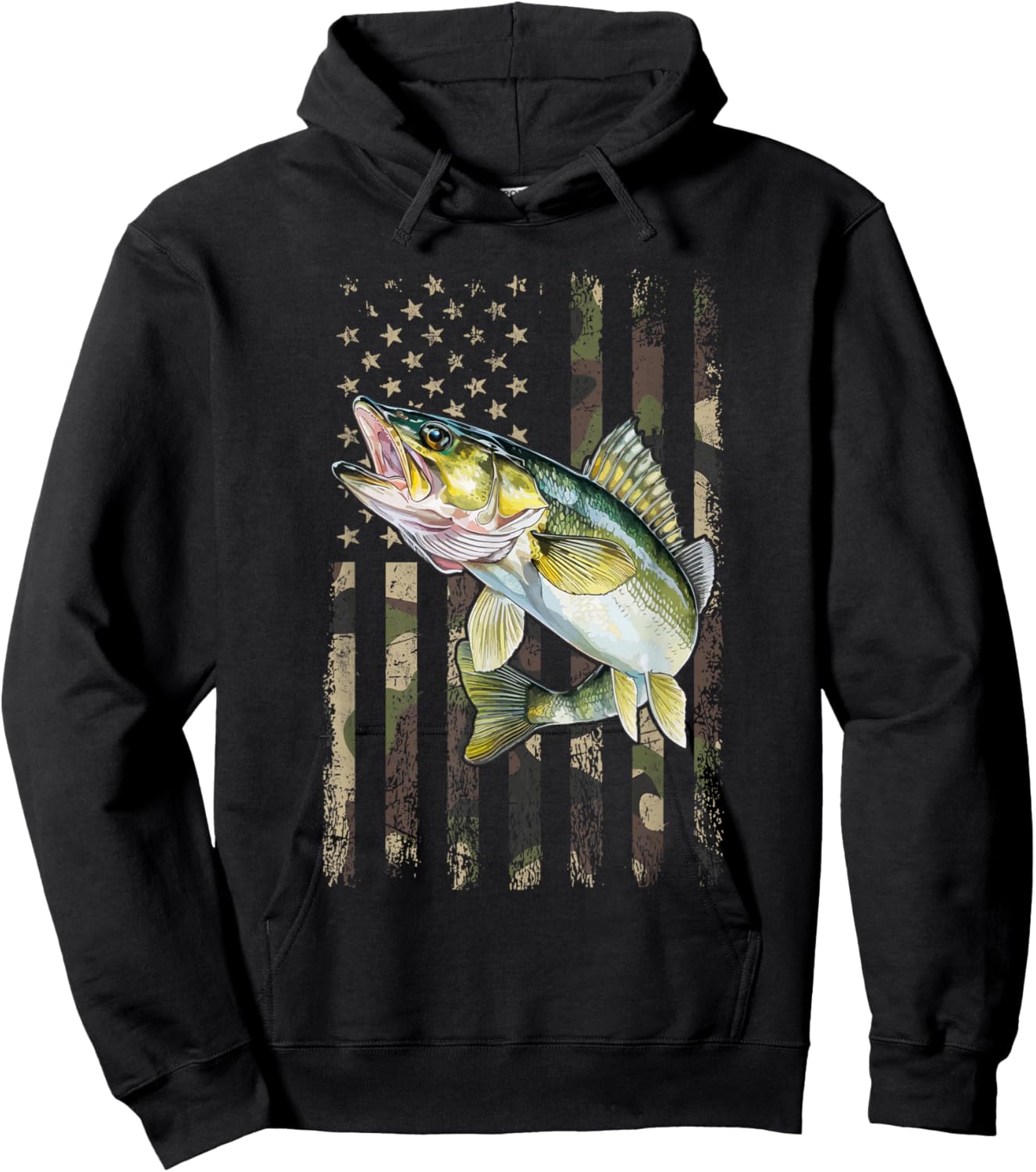 Walleye Camo American Flag, Fishing Walleye Hoodie - Hoodie | Black