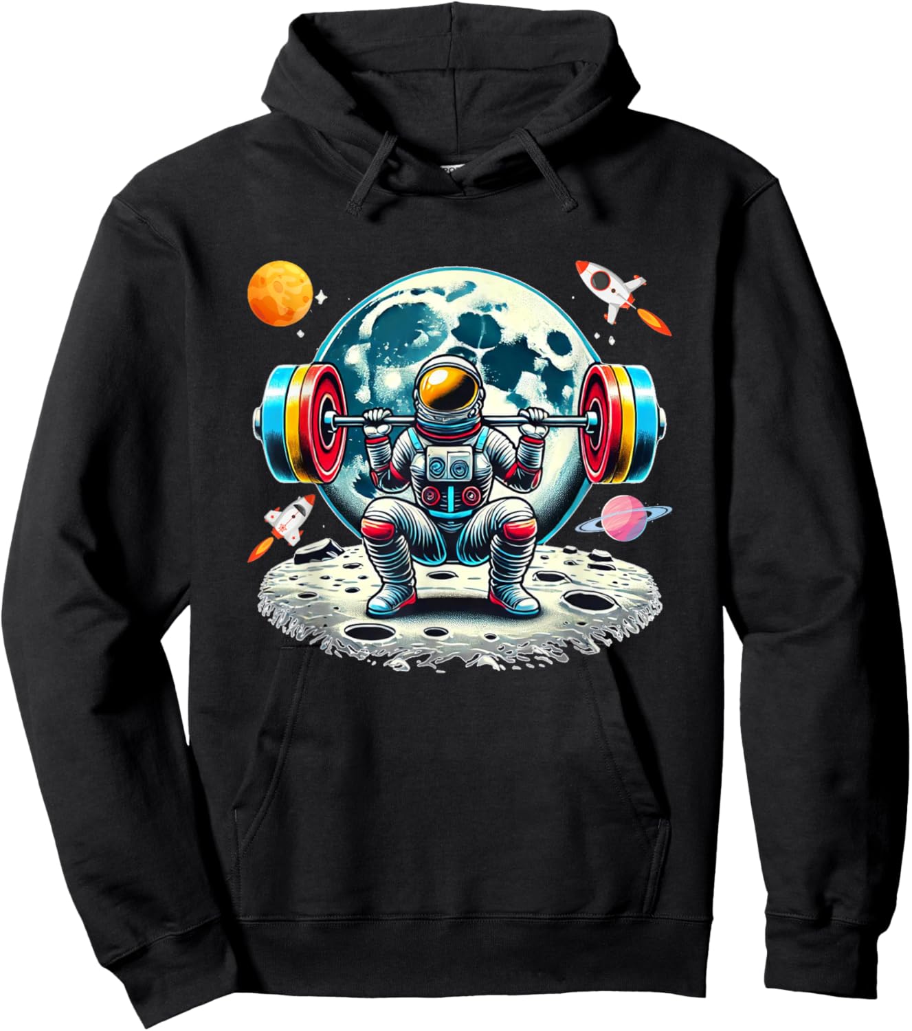 Funny Astronaut Working Out Gym Barbell Squats Outer Space Hoodie - Hoodie | Black