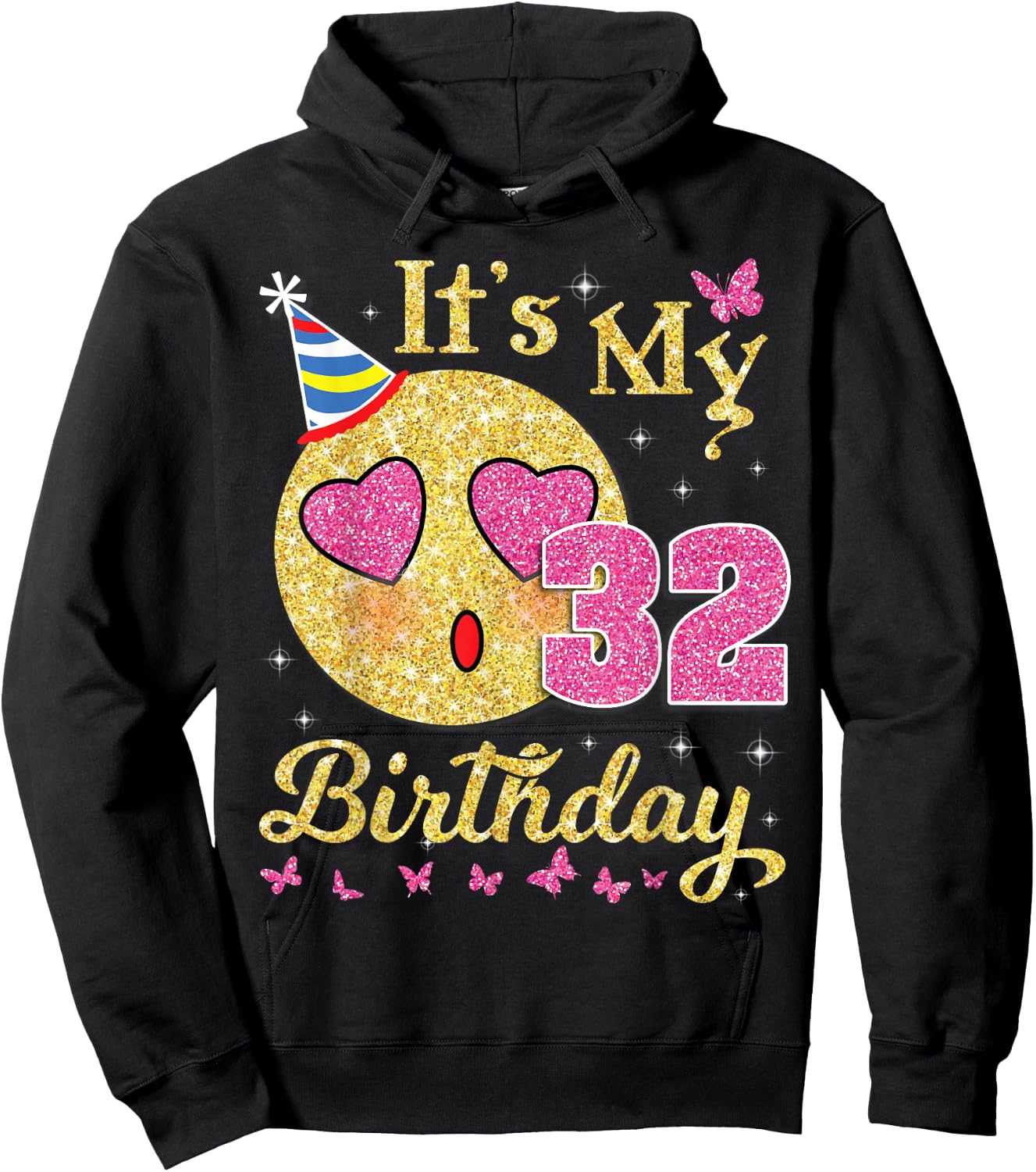 Heart Eye Face And Butterfly Star It's My 32 Birthday Happy Hoodie - Hoodie | Black
