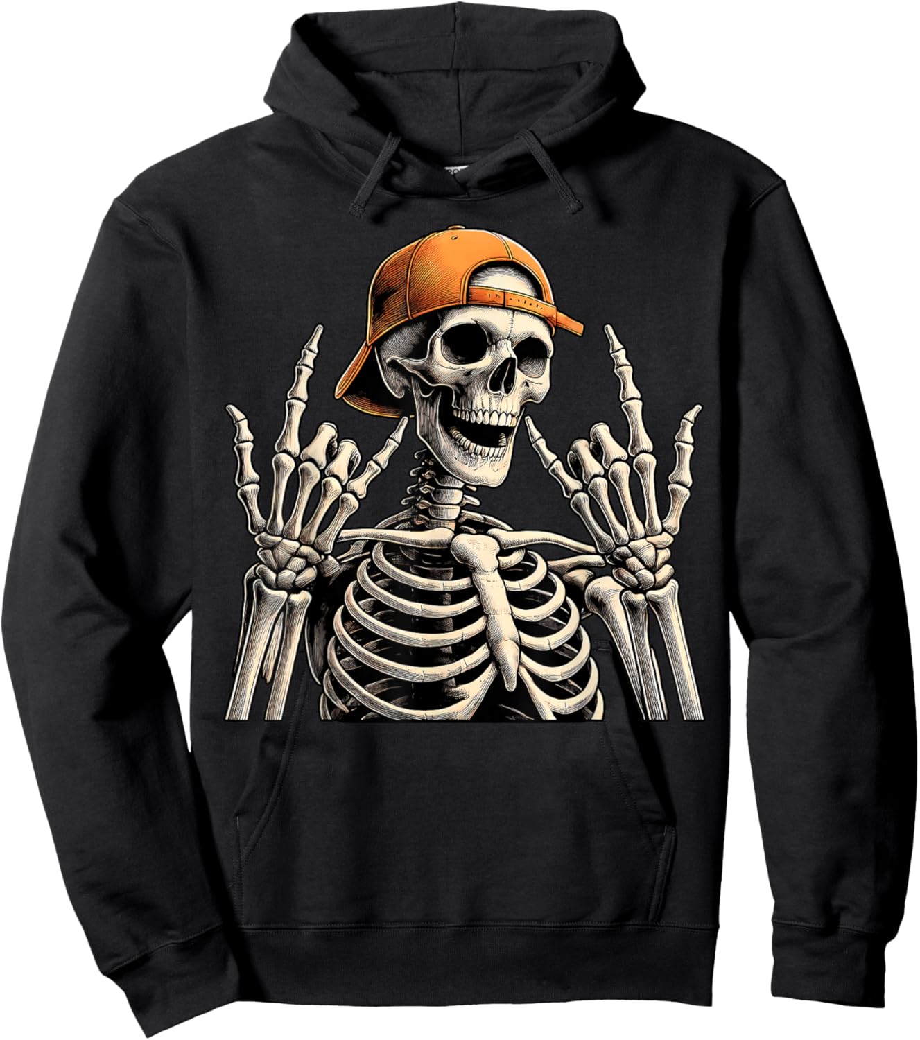 Retro Skeleton Halloween Rock Hand Sign Rock N Roll 90s Hoodie - Hoodie | Black