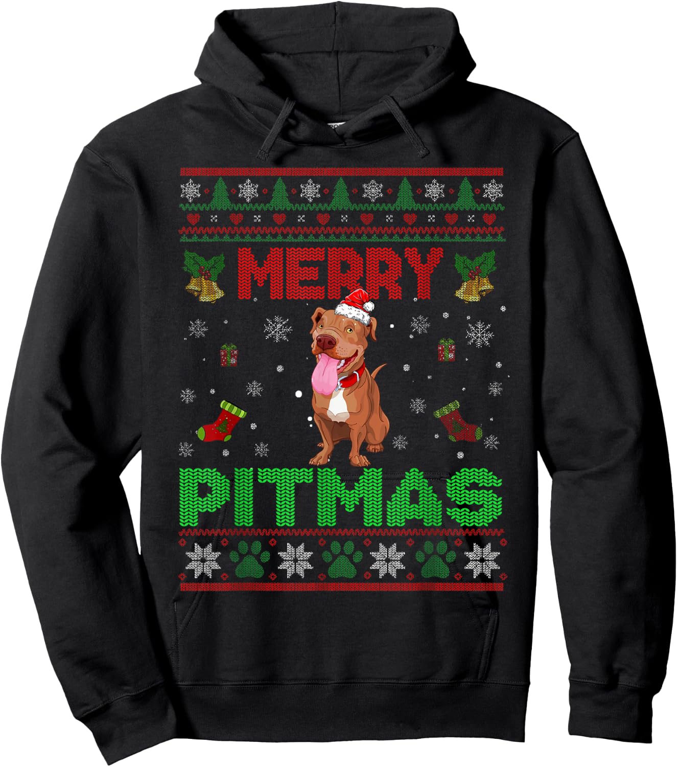 Merry Pitmas Funny Pit Bull Christmas Sweater Gifts Hoodie - Hoodie | Black