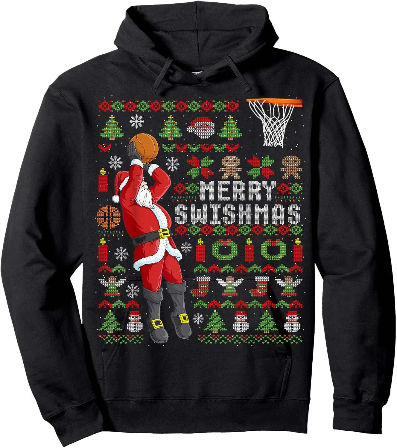 Merry Swishmas Ugly Christmas Basketball Christmas Hoodie - Hoodie | Black