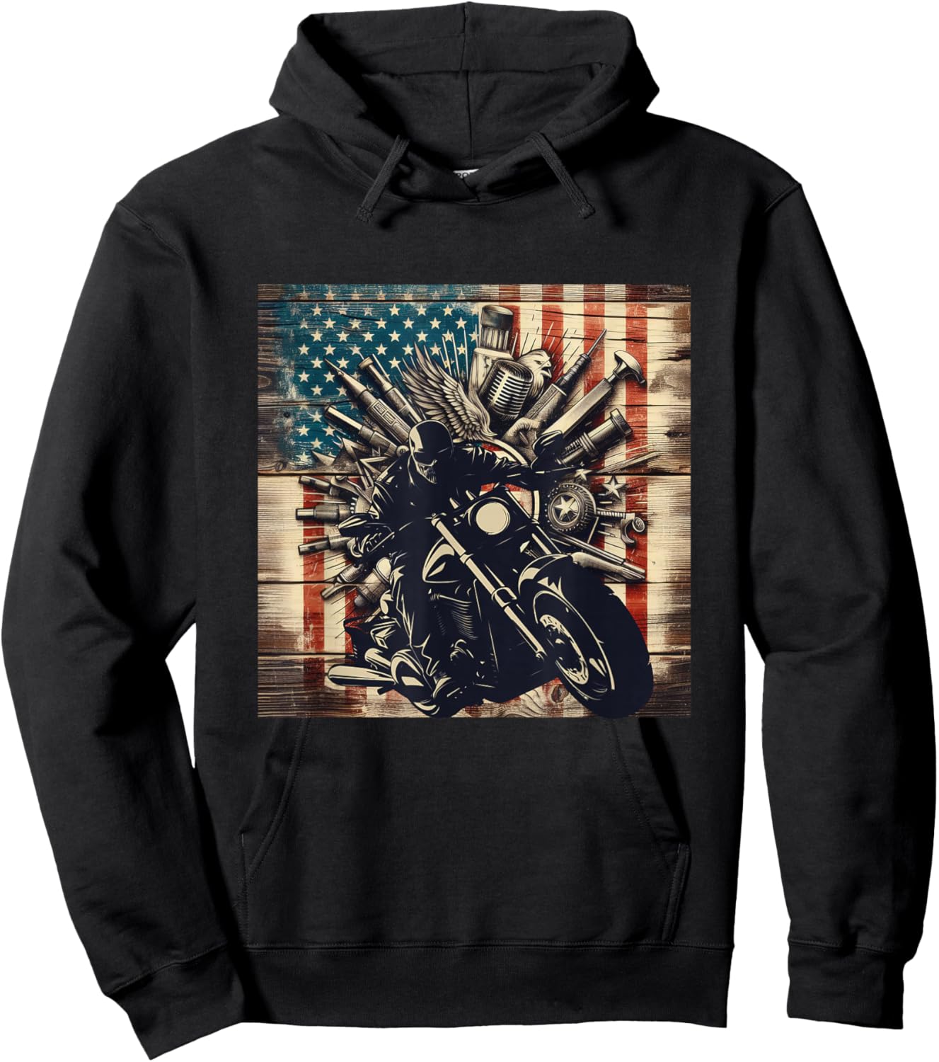 Patriotic American Flag Biker Motorcycle Hoodie - Hoodie | Black