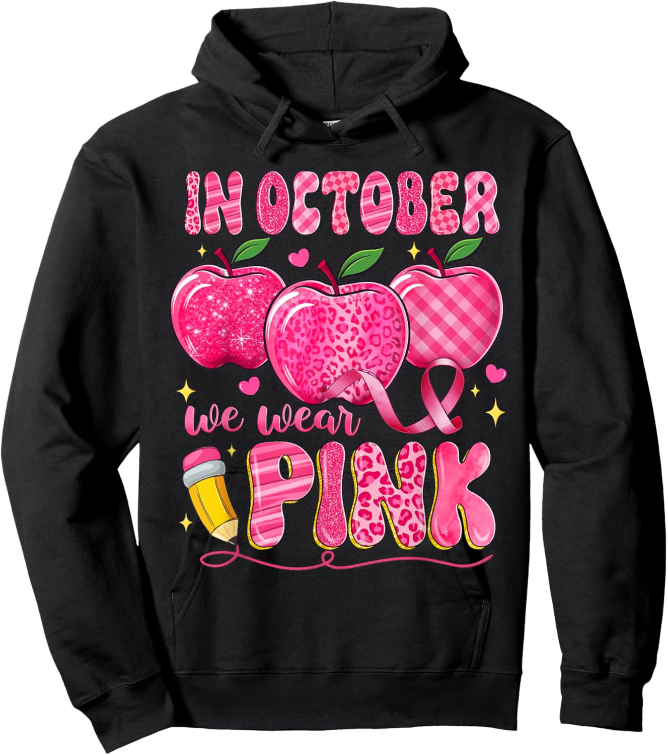 In October We Wear Pink Apple Teacher Leopard Breast Cancer Hoodie - Hoodie | Black