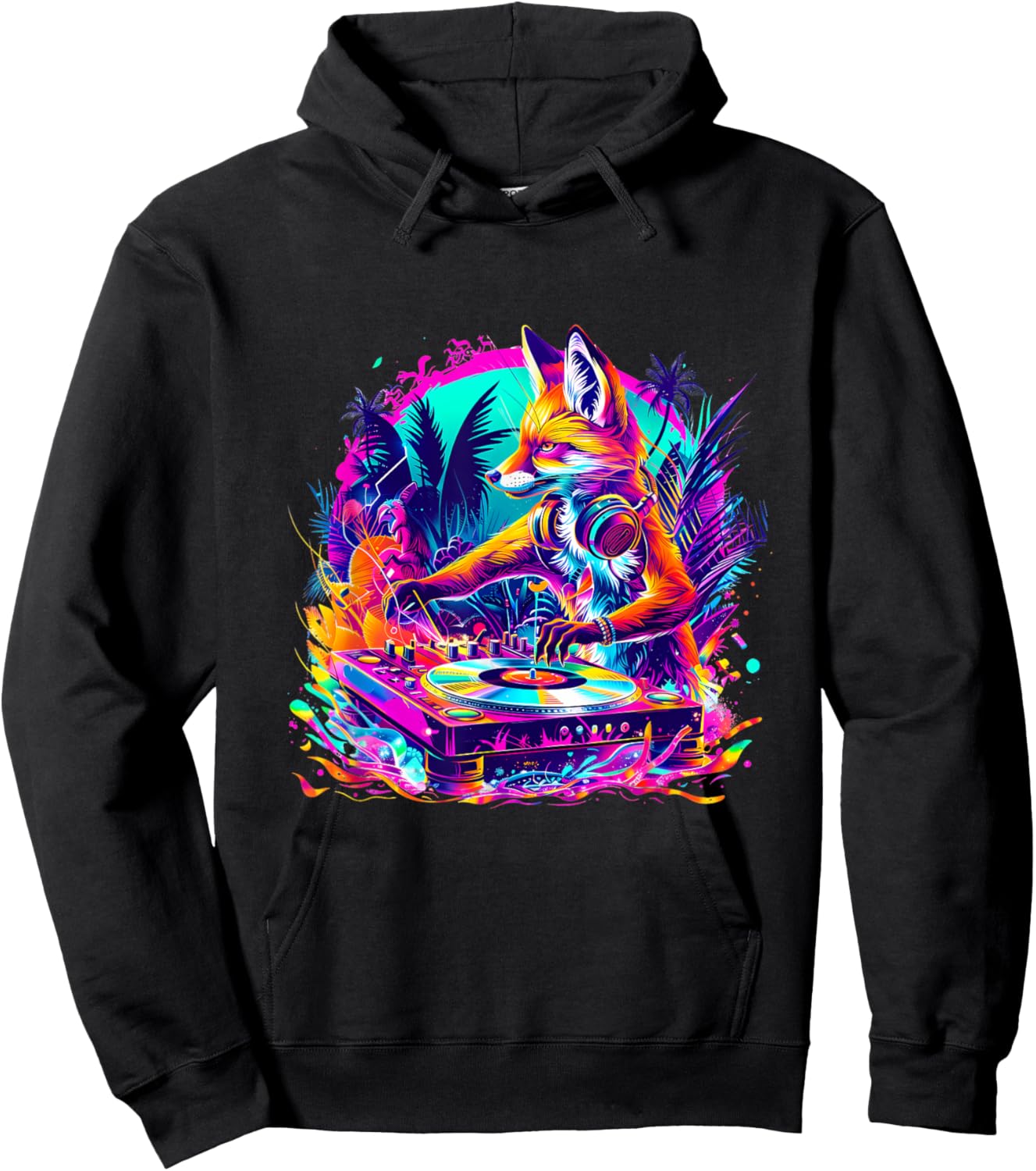 Fox Music DJ Techno House Music Colourful Turntable DJ Fox Hoodie - Hoodie | Black