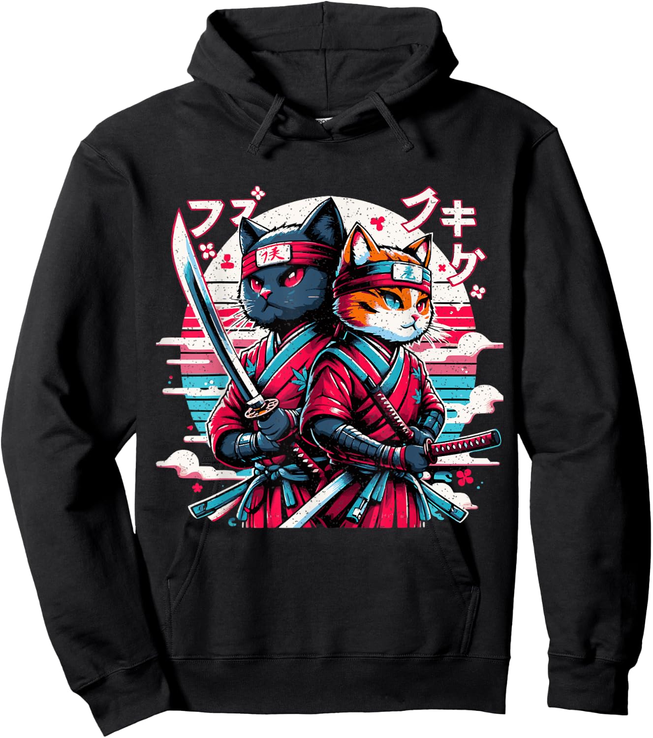 Cute Ninja Cat Couple Japanese Anime Samurai Katana Cats Women Girls Kids Hoodie - Hoodie | Black