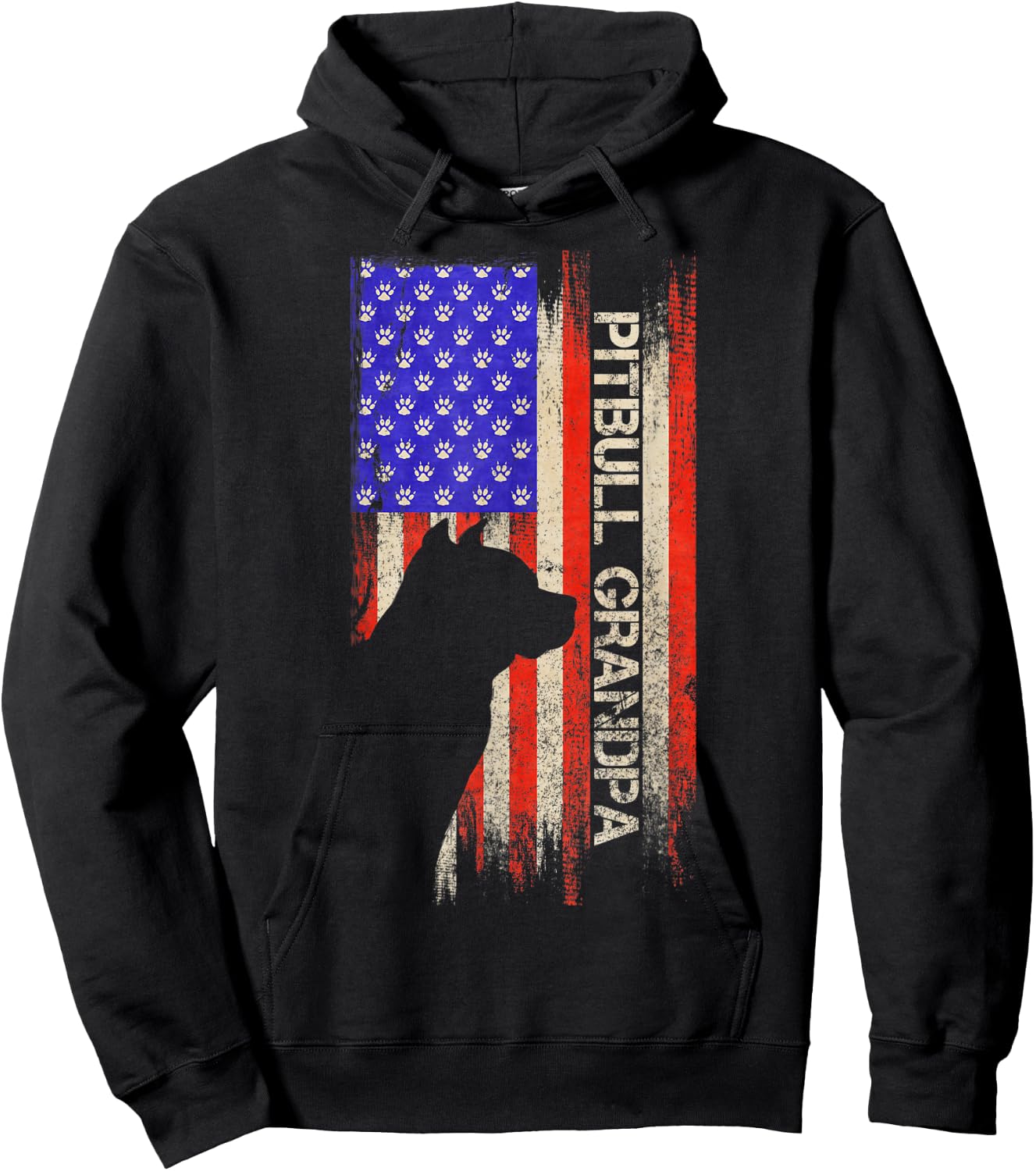 Vintage USA Flag Proud Pitbull Dog Grandpa Pittie Silhouette Hoodie - Hoodie | Black