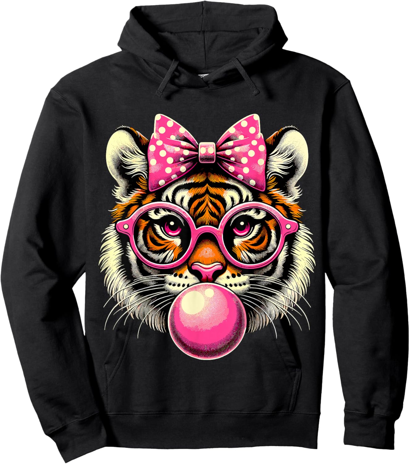 Tiger with Glasses Bubblegum and Bow Hoodie - Hoodie | Black