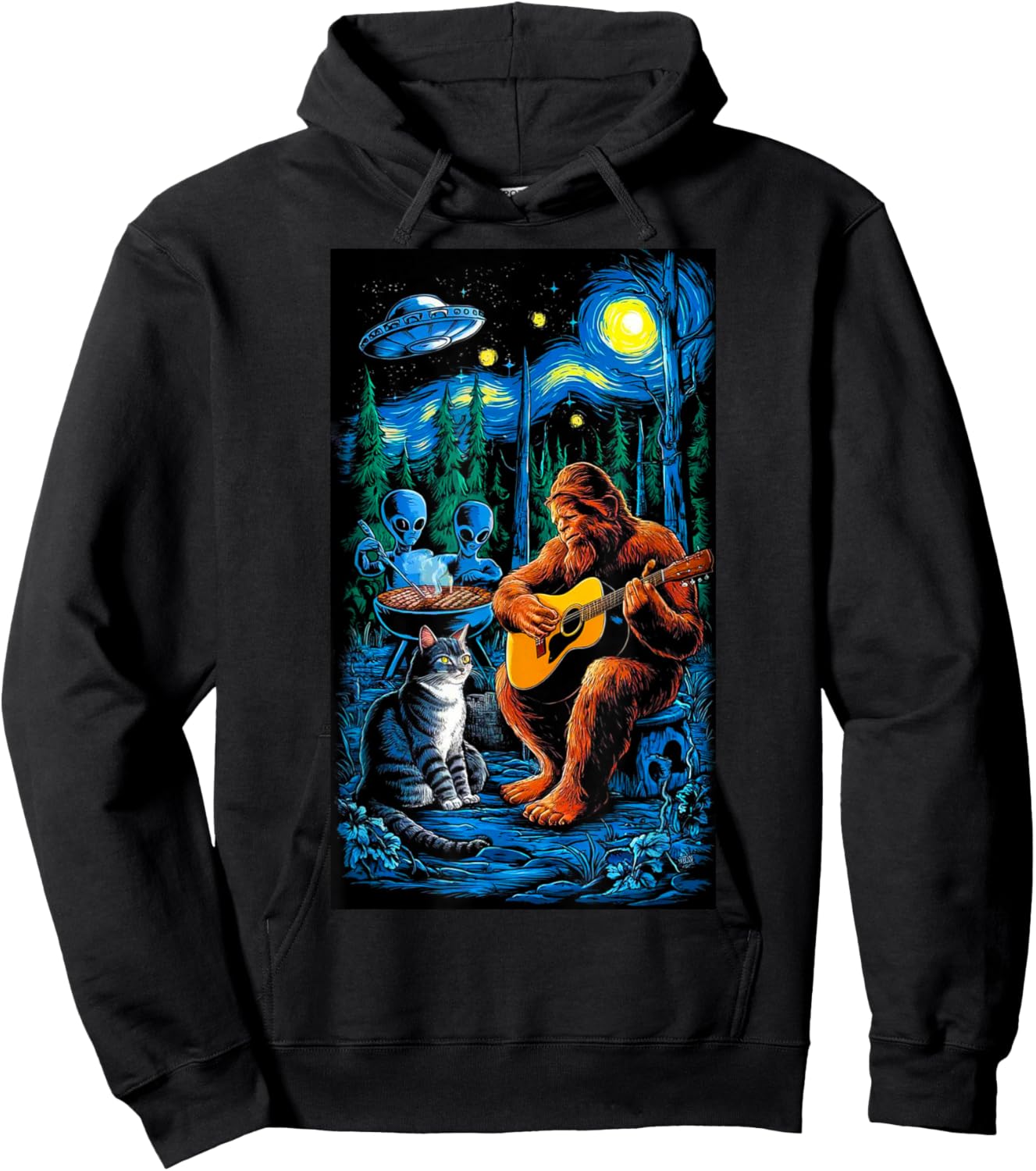 Funny Cat UFO Alien Bigfoot Sasquatch Camping Playing Guitar Hoodie - Hoodie | Black