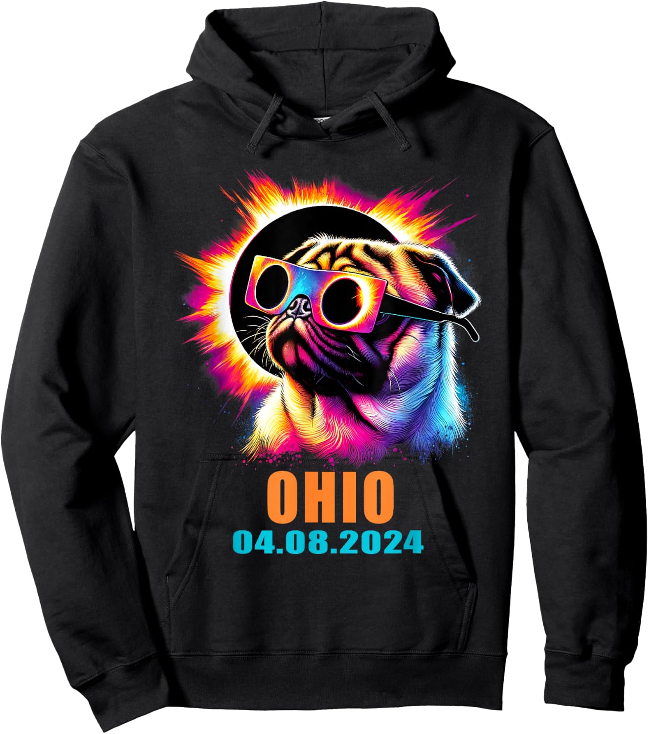 Ohio Total Solar Eclipse 2024 Pug Dog With Glasses Hoodie - Hoodie | Black