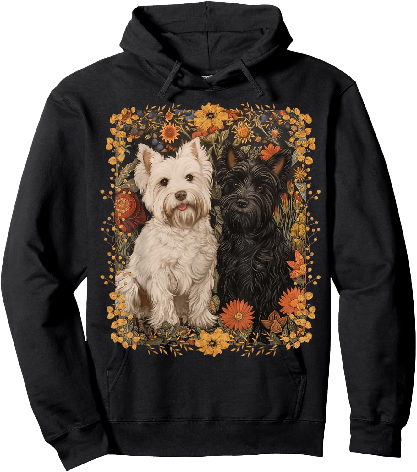 Westie and Scottie in William Morris Style Garden Hoodie - Hoodie | Black