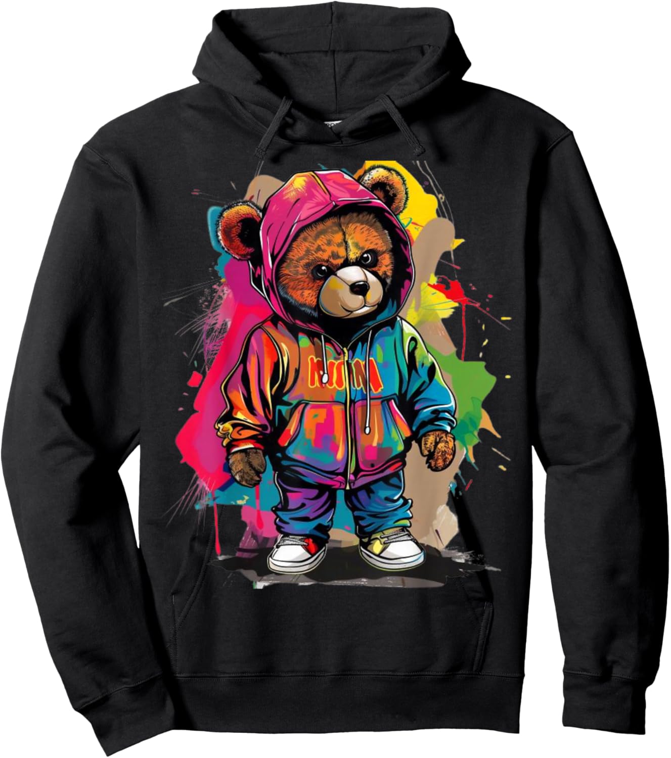 Hip-Hop Teddy-Bear Colorful Teddybear with Graphic Hoodie - Hoodie | Black