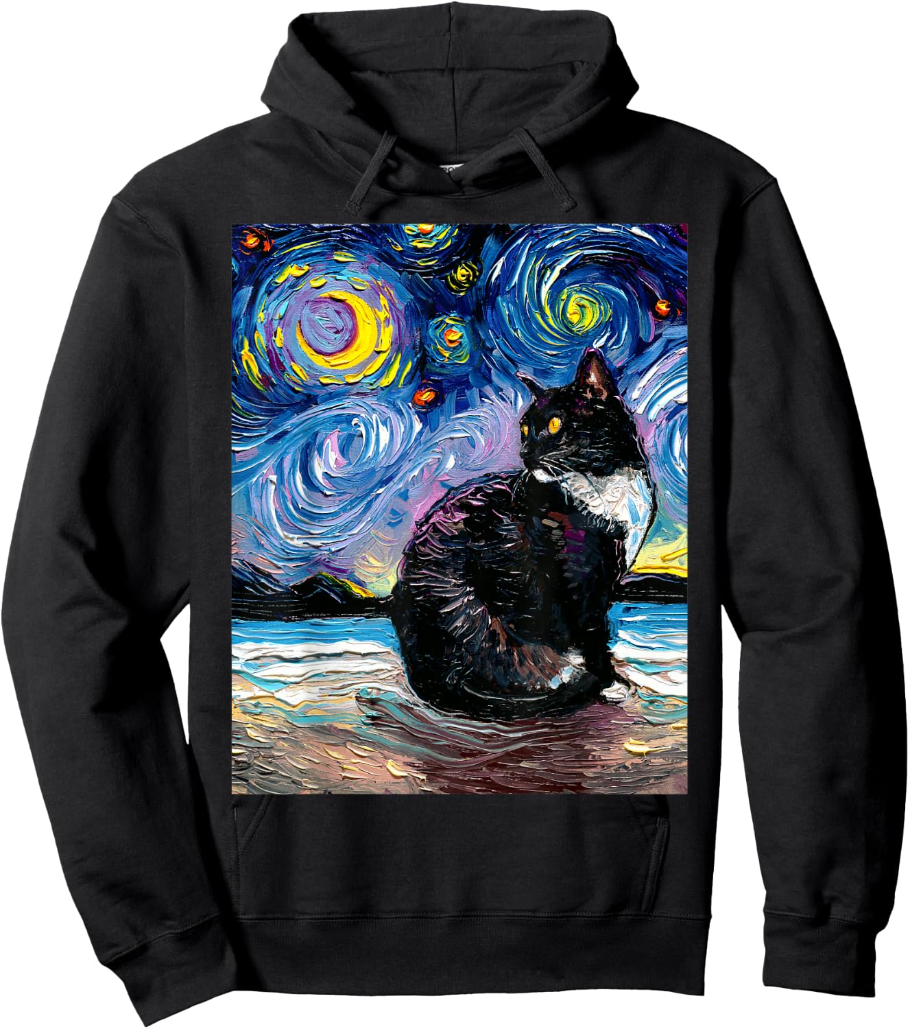 Tuxedo Cat on Beach Starry Night Impressionist Kitty Artwork Hoodie - Hoodie | Black