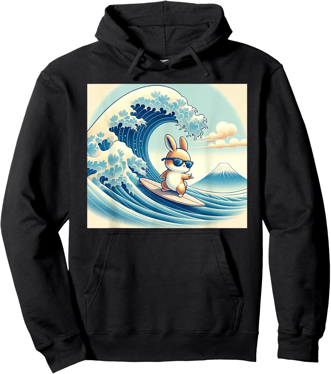 Cool Surfing Bunny Rabbit - Japanese Great Big Wave Funny Hoodie - Hoodie | Black