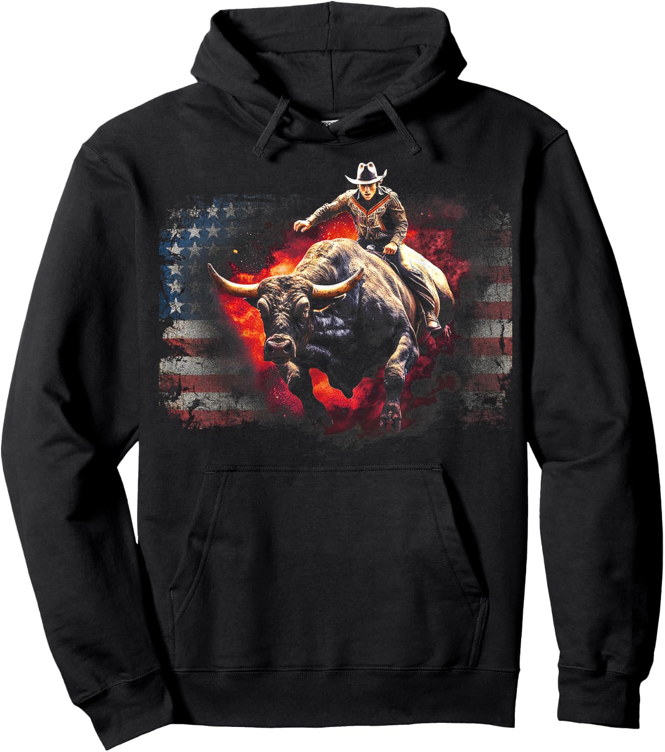 Vintage American Flag Bucking Bull Riding Patriotism Rodeo Men Hoodie - Hoodie | Black