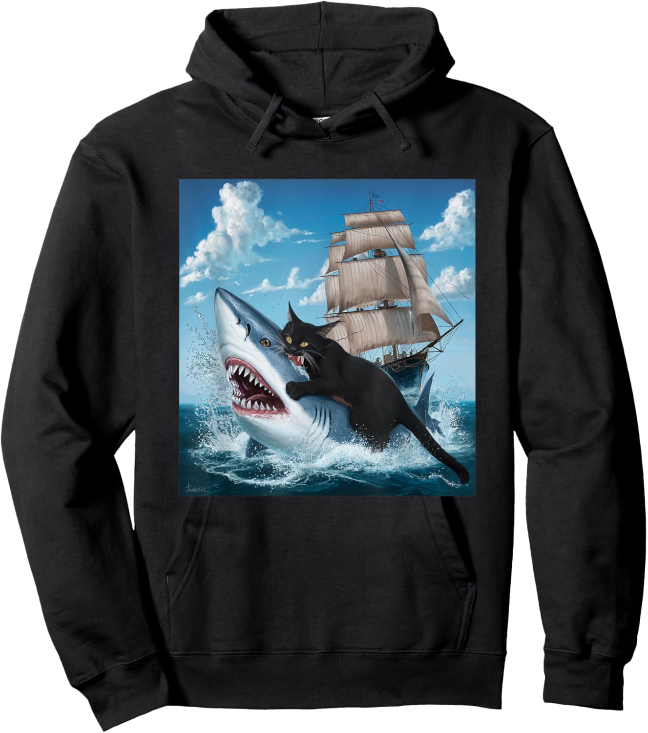 Cat Biting Shark Humorous Playful Funny Black Cat Bit Shark Women Kids Hoodie - Hoodie | Black