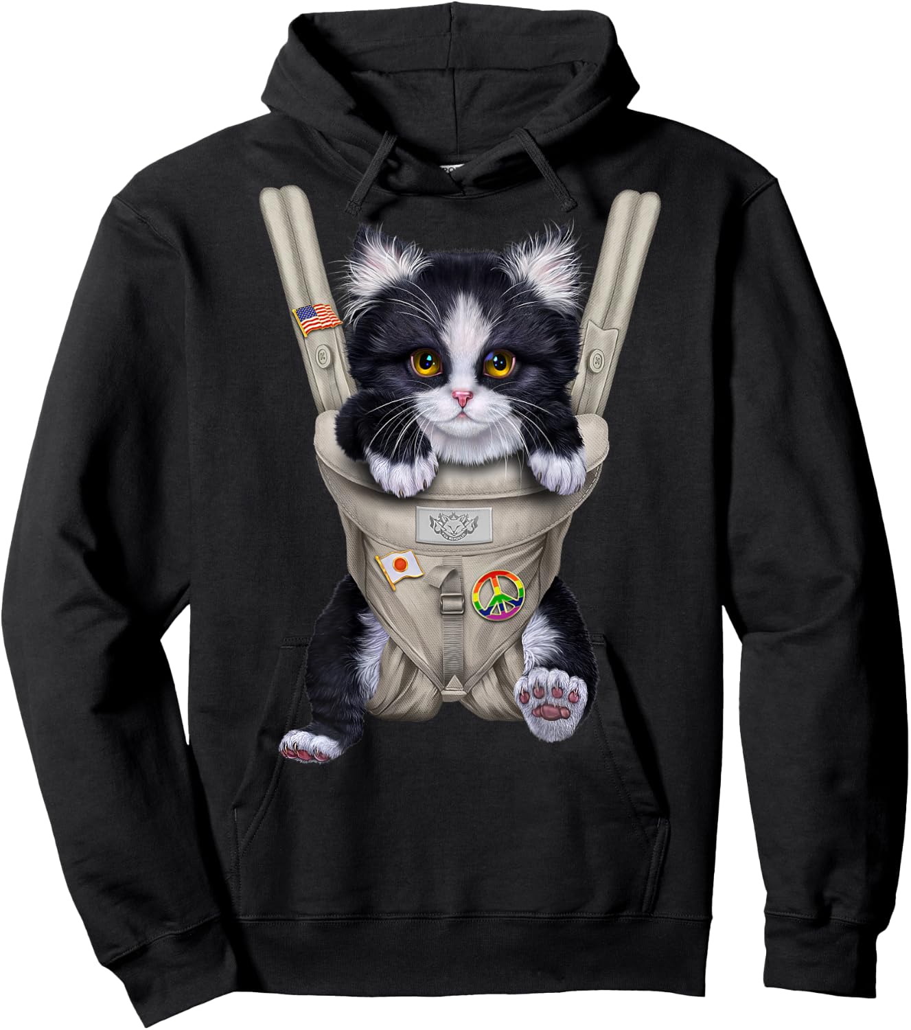 Tuxedo Cat in Baby Carrier Women Kids Hoodie - Hoodie | Black
